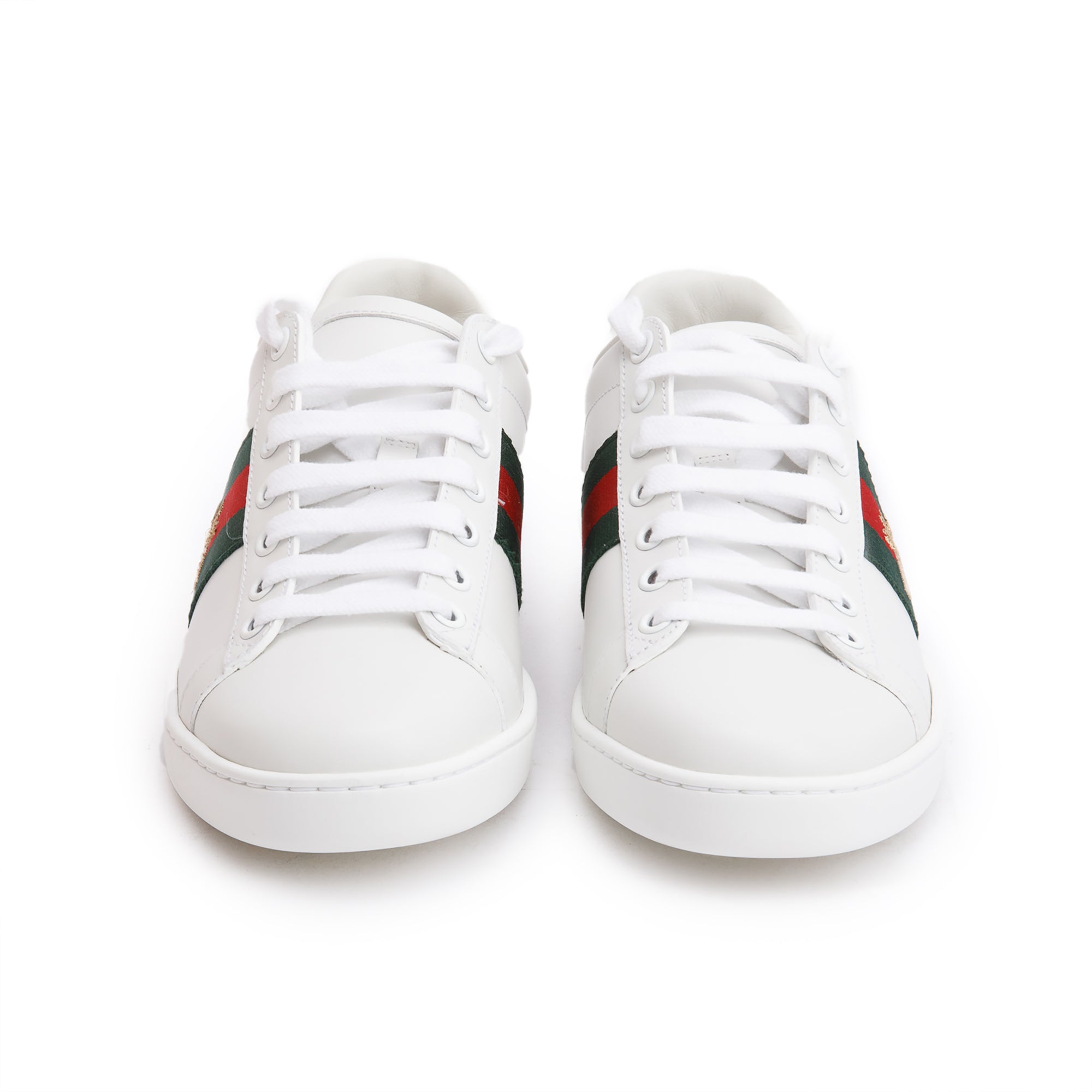 Gucci 2023 White Leather Embroidered Web Bee Ace Sneakers, Size 37 w/ Box
