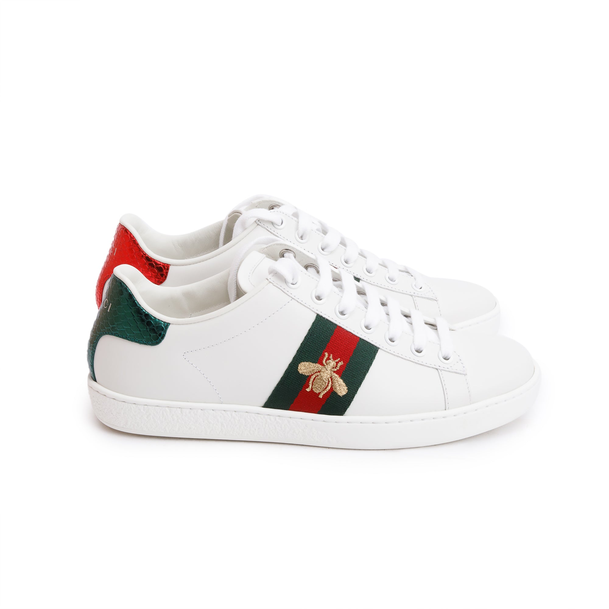Gucci 2023 White Leather Embroidered Web Bee Ace Sneakers, Size 37 w/ Box