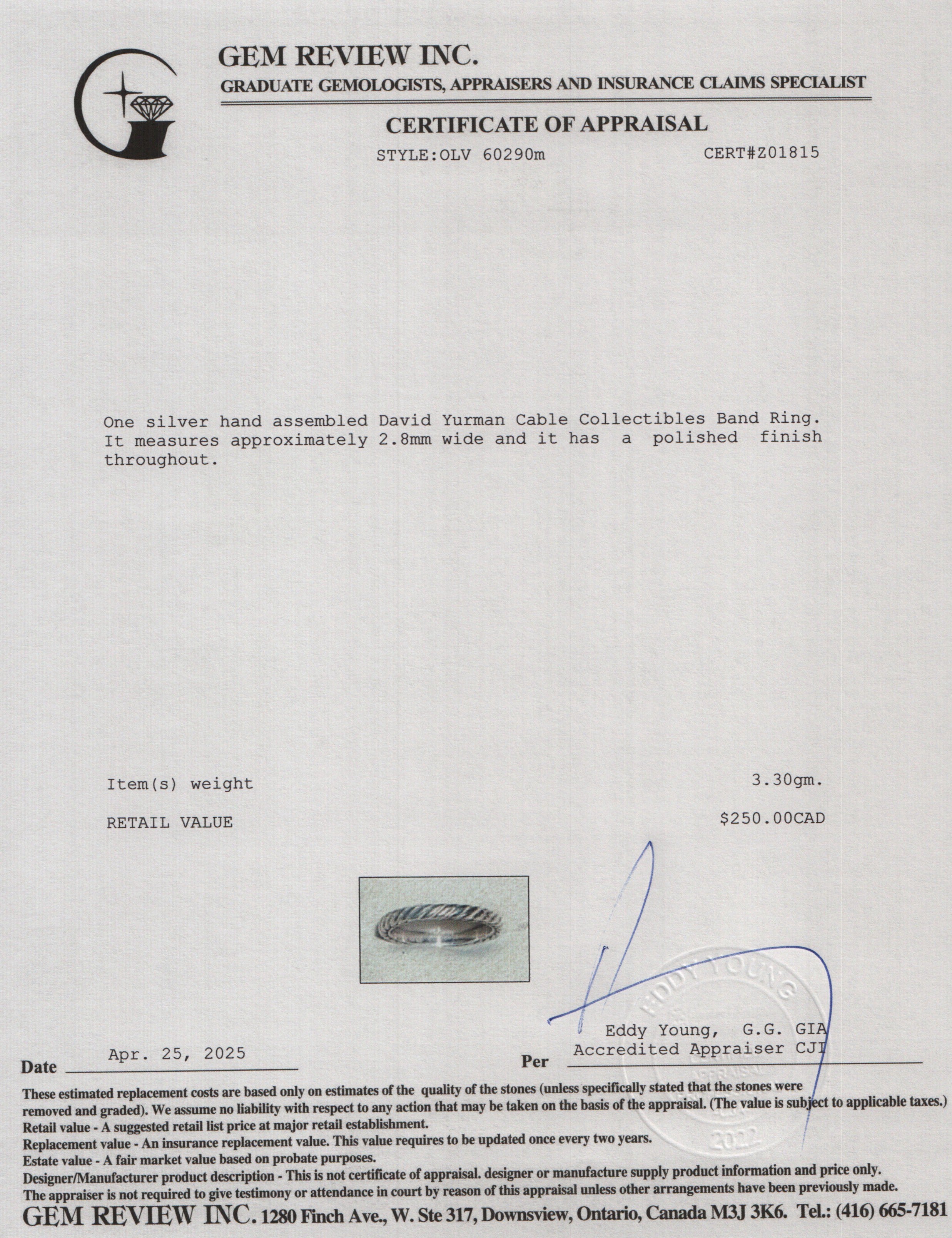 David Yurman Sterling Silver Cable Collectibles Band Ring, Size 6