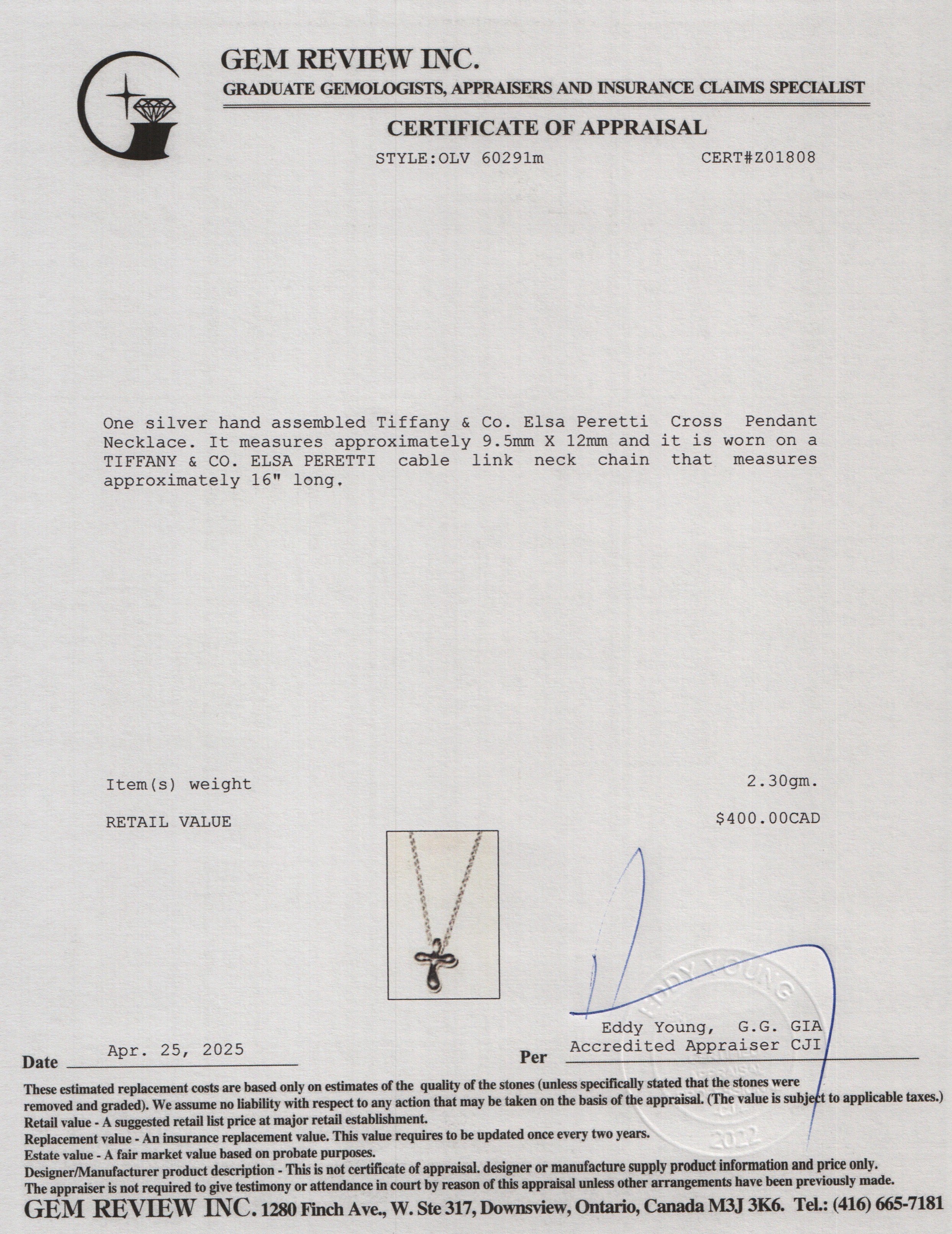 Tiffany & Co. Elsa Peretti Sterling Silver Cross Pendant Necklace