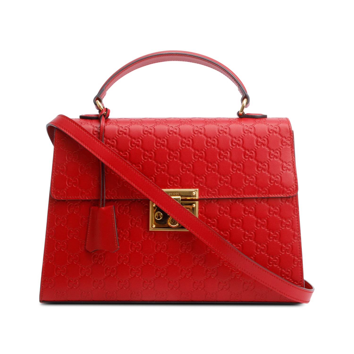 Gucci Red Signature Leather Medium Padlock Top Handle Bag w/ Strap