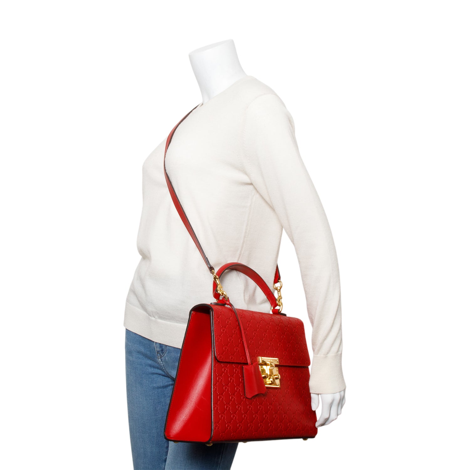 Gucci Red Signature Leather Medium Padlock Top Handle Bag w/ Strap