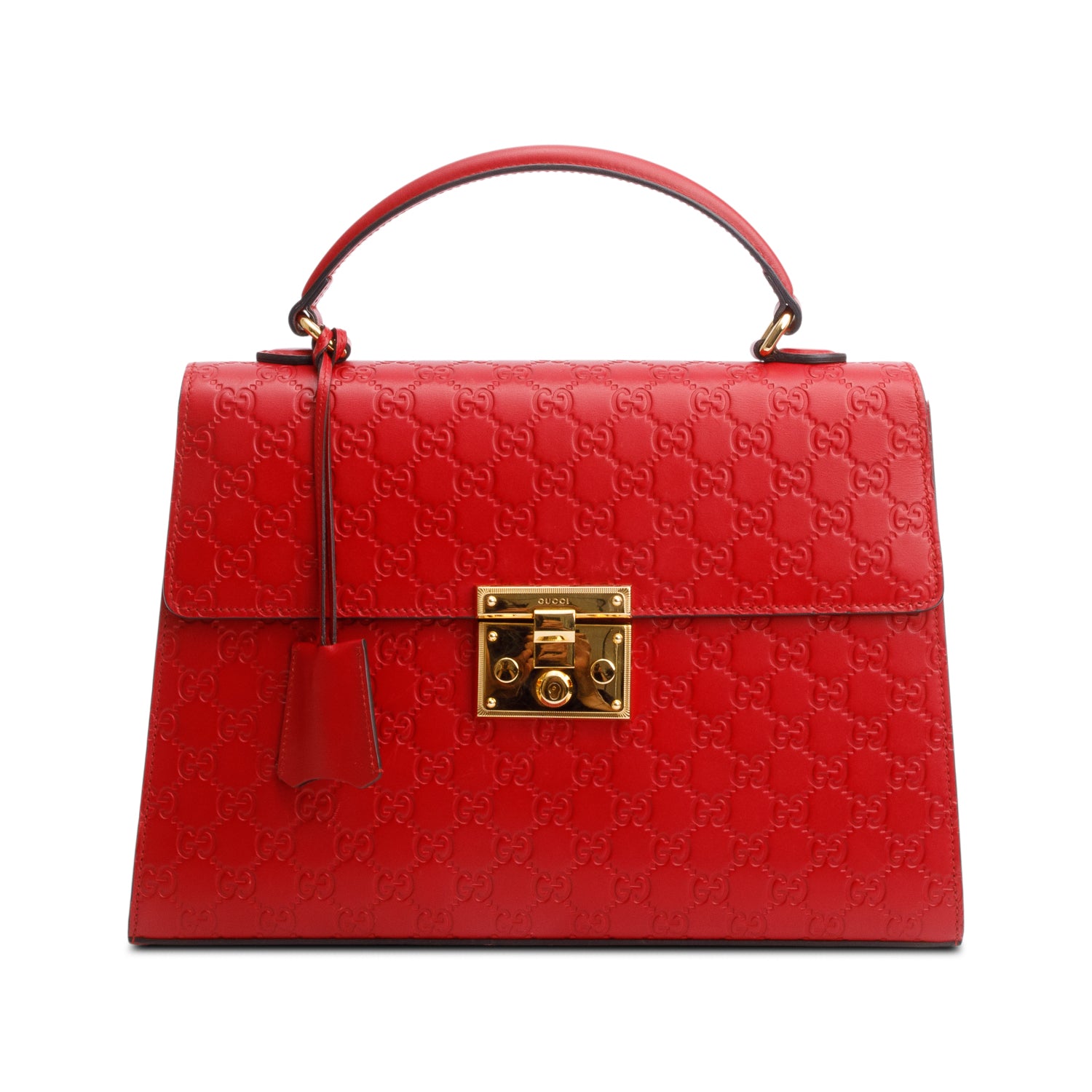 Gucci Red Signature Leather Medium Padlock Top Handle Bag w/ Strap