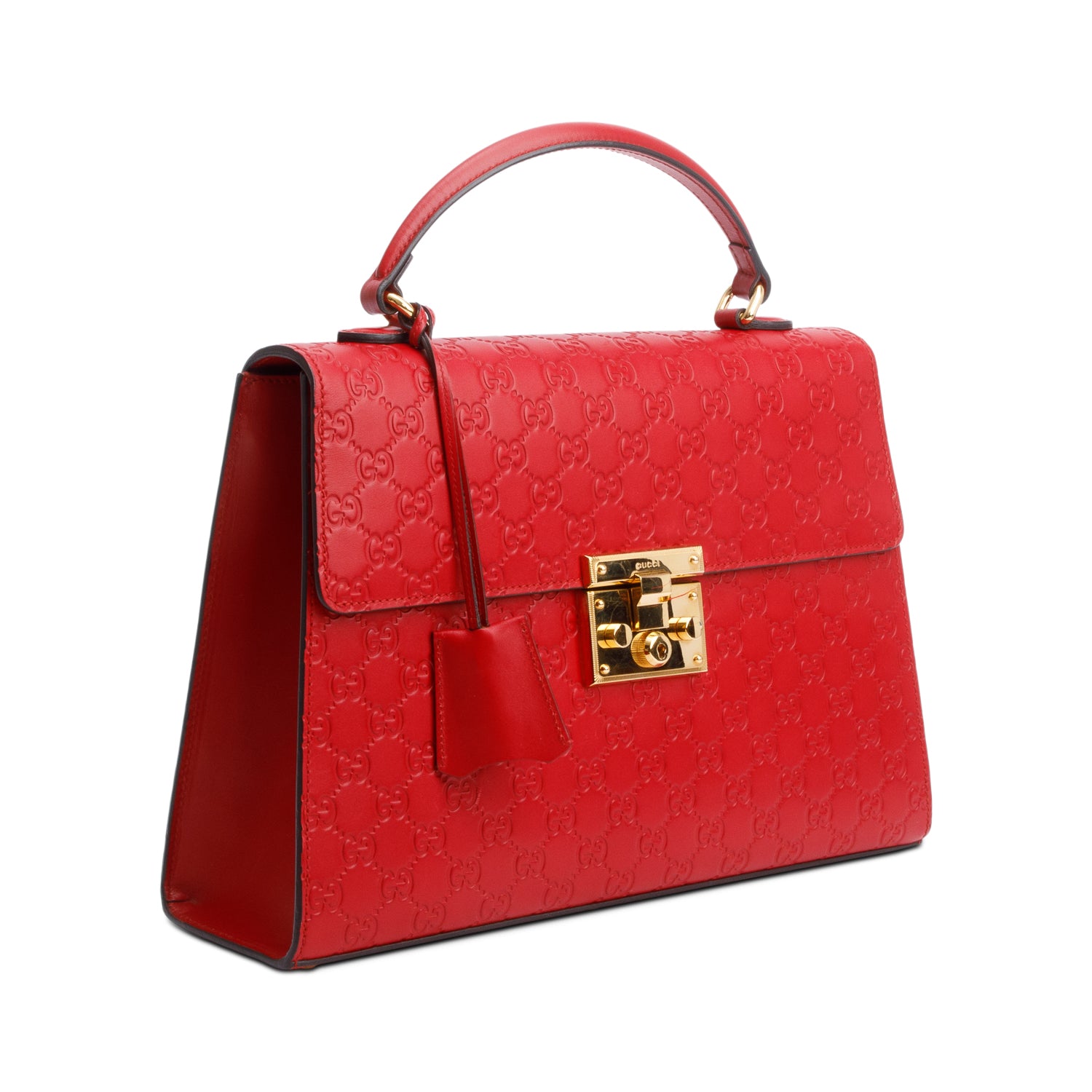Gucci Red Signature Leather Medium Padlock Top Handle Bag w/ Strap