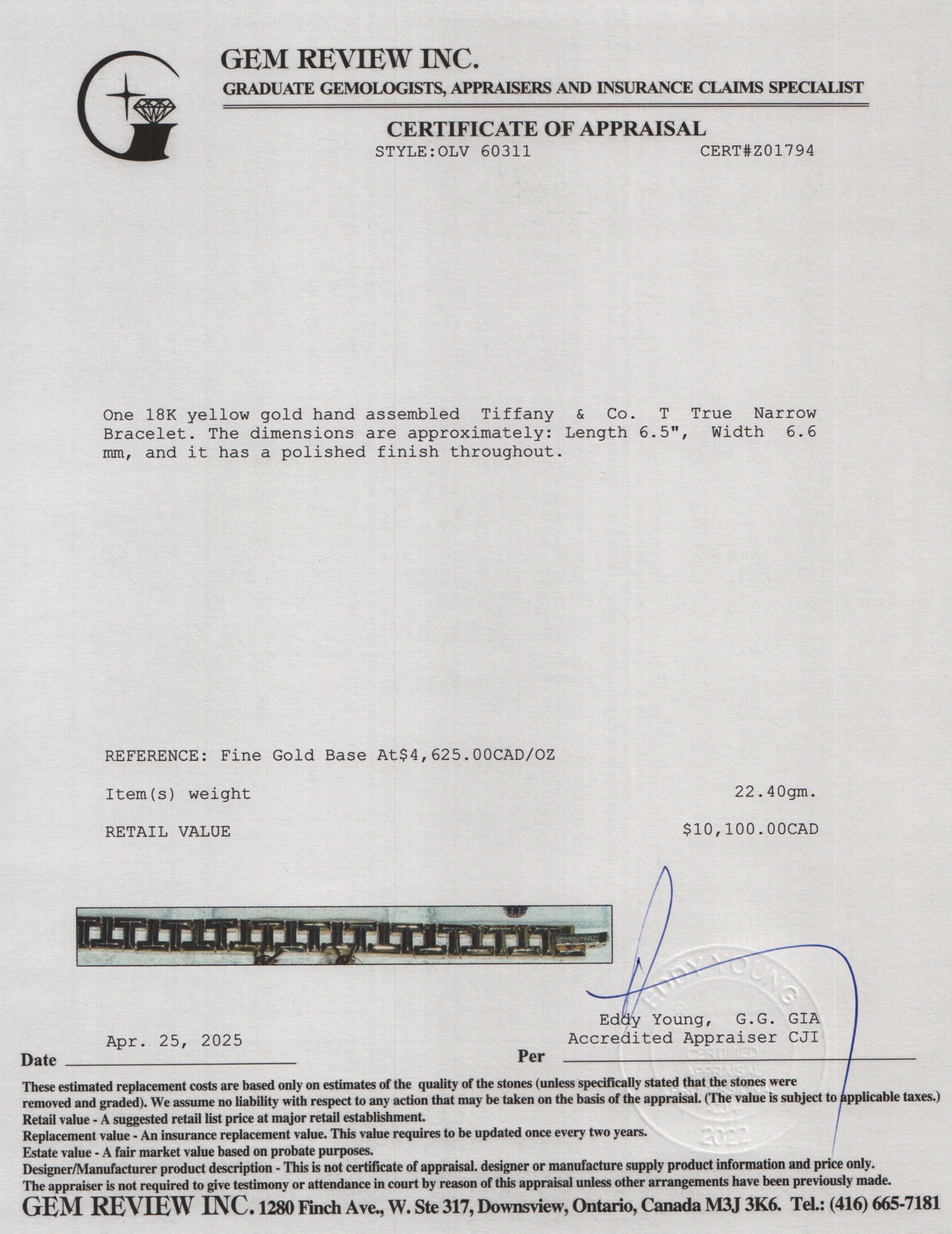 Tiffany & Co. 18k Yellow Gold T True Narrow Bracelet w/ Box