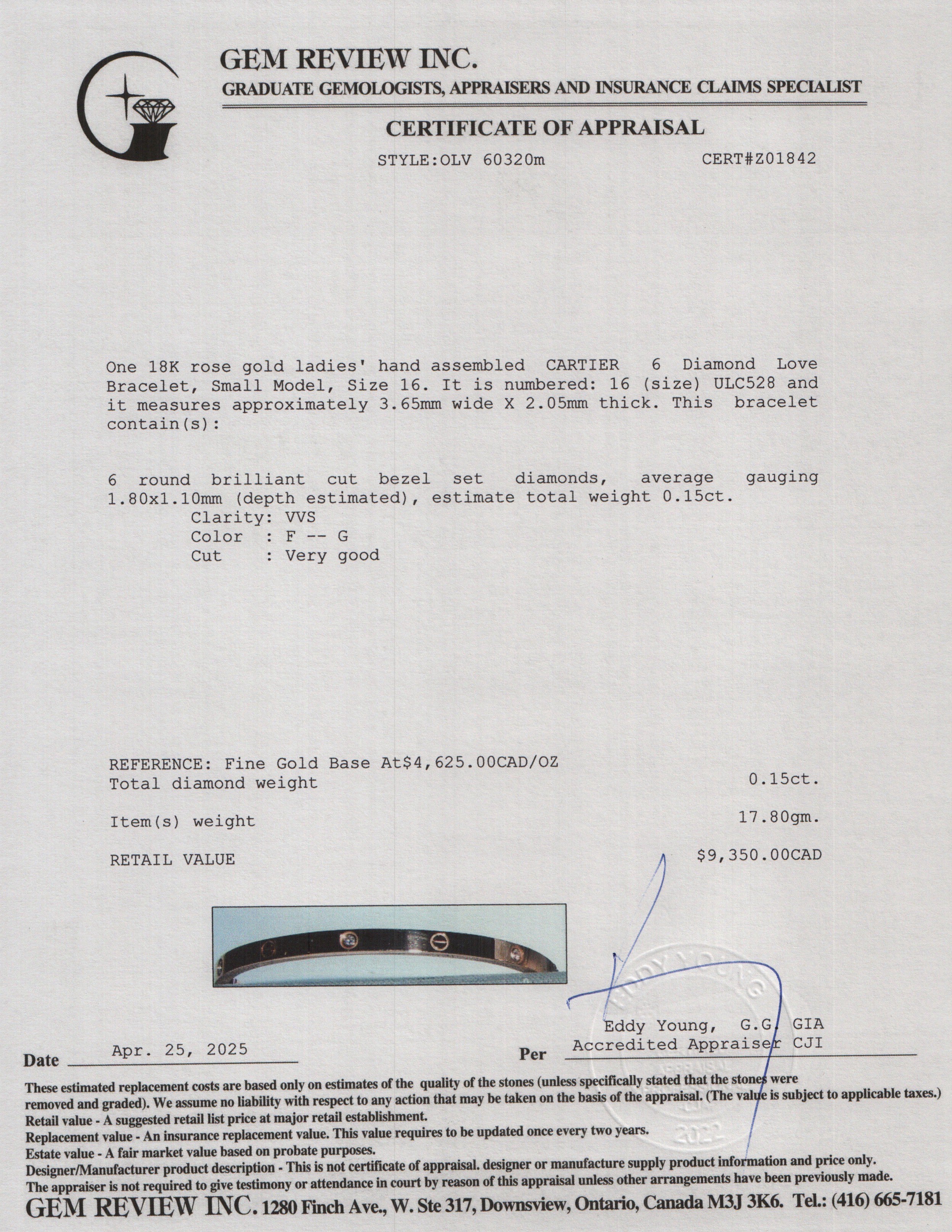 Cartier 2023 18k Rose Gold 6 Diamond Love Bracelet, Small Model, Size 16 w/ Box & Certificate