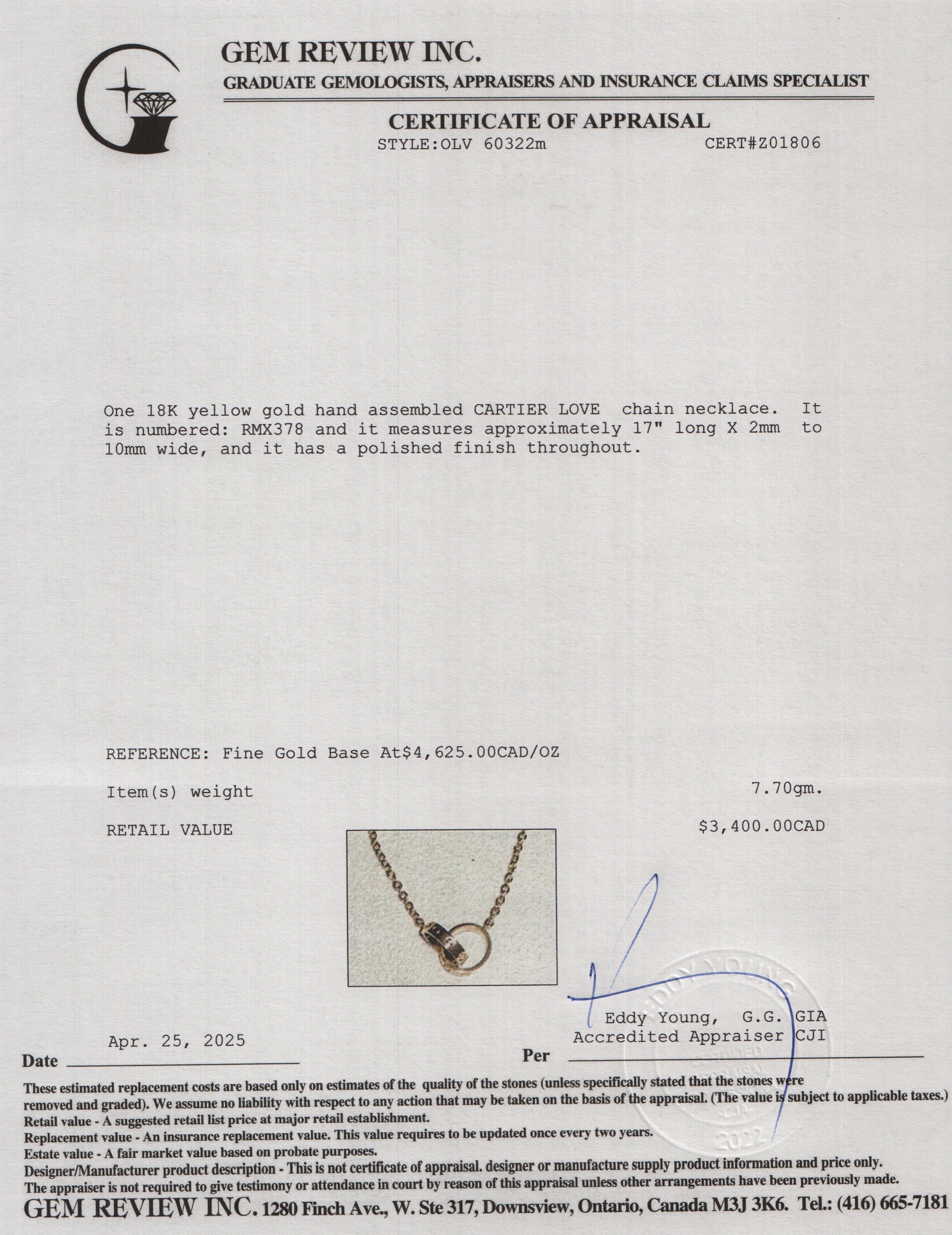 Cartier 18k Yellow Gold Love Necklace w/ Box