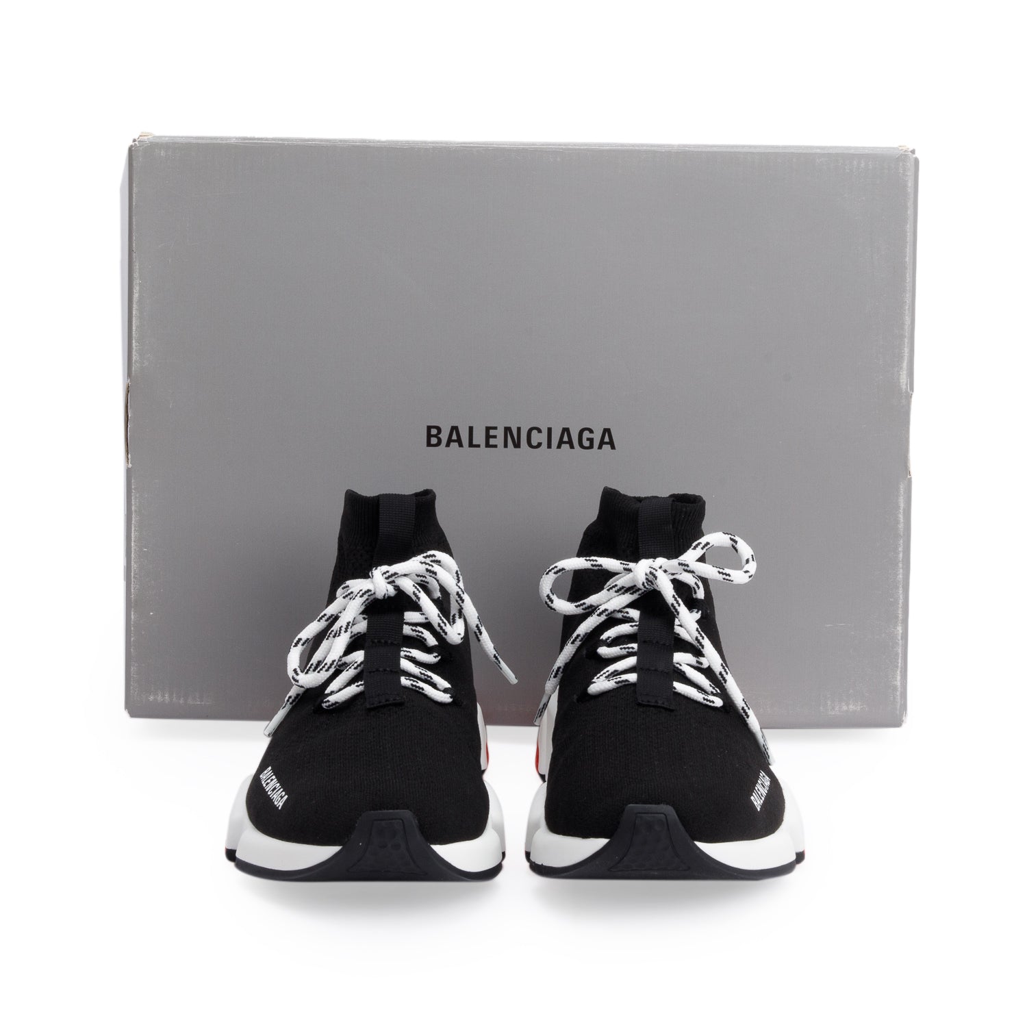 Balenciaga Black Knit Tricolor Sole Lace-Up Speed Trainer Sock Sneakers, Size 39 w/ Box