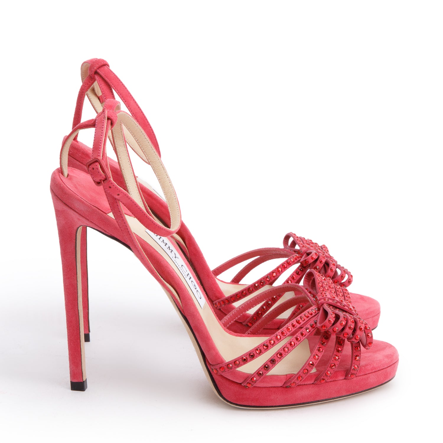 Jimmy Choo Red Suede Crystal Embellished Kaite 120 Slingback Platform Sandals, Size 38 w/ Box