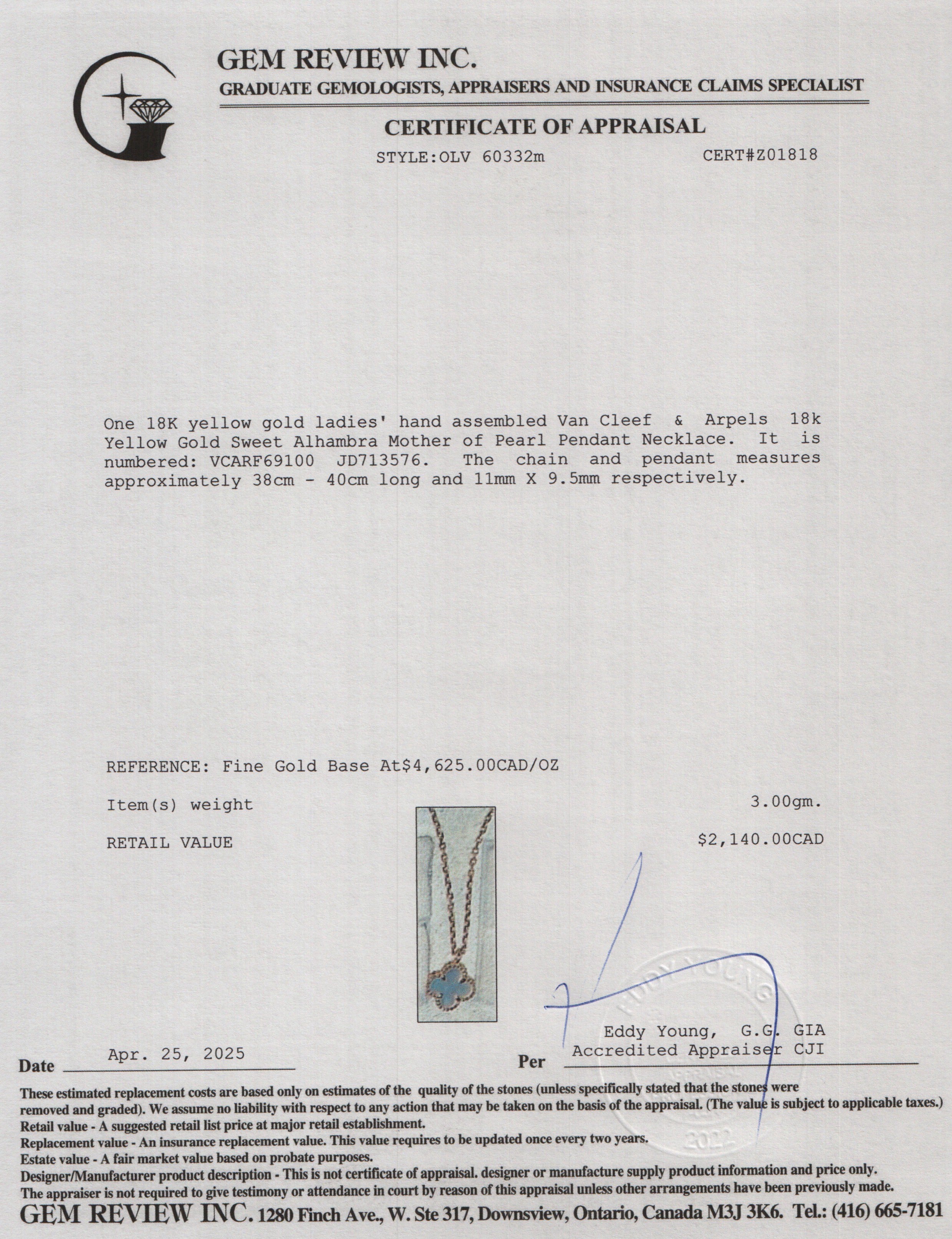 Van Cleef & Arpels 18k Yellow Gold Sweet Alhambra Mother of Pearl Pendant Necklace w/ Box