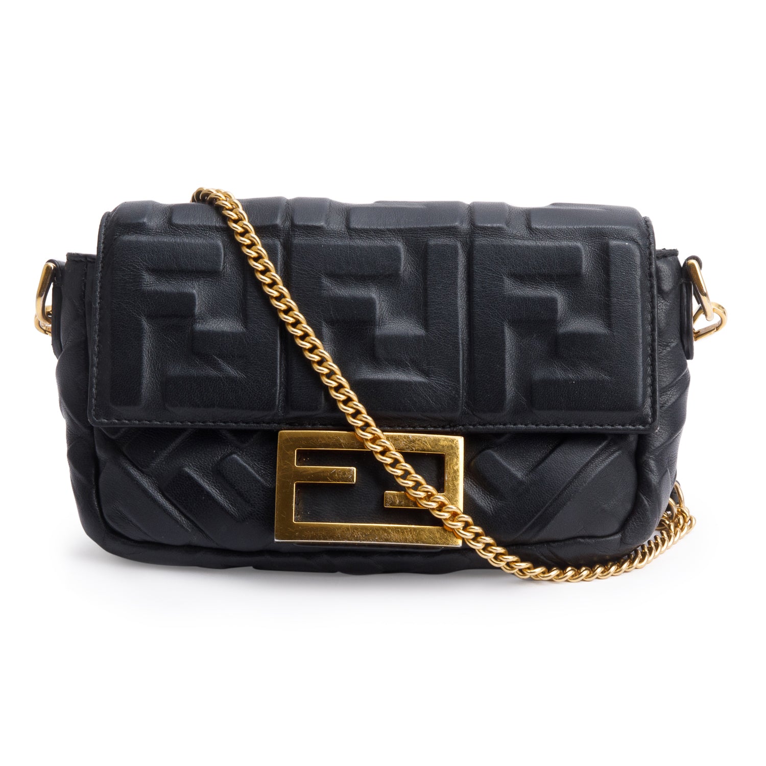 Fendi Black FF Embossed Nappa Leather Mini Be Baguette Bag w/ Straps
