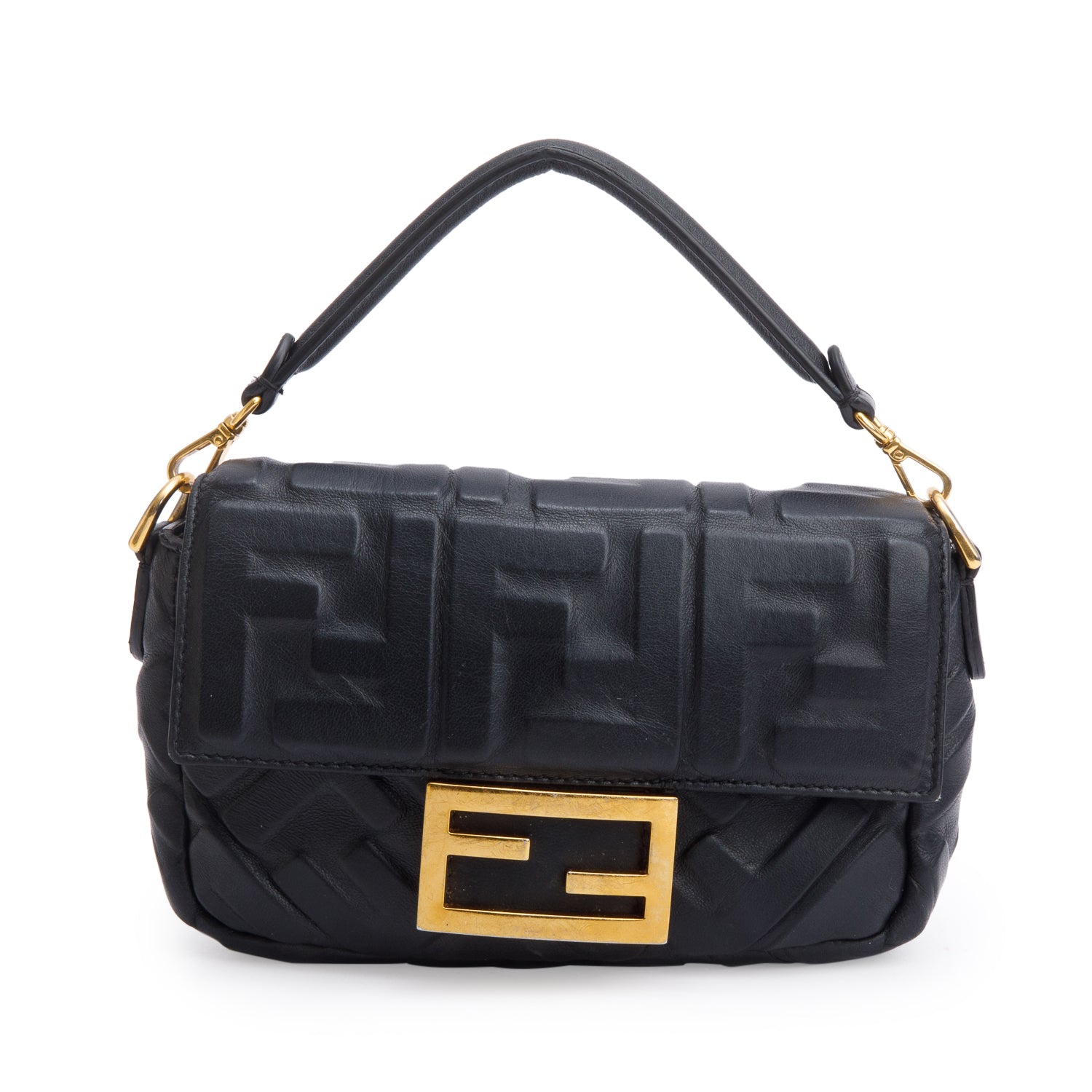 Fendi Black FF Embossed Nappa Leather Mini Be Baguette Bag w/ Straps