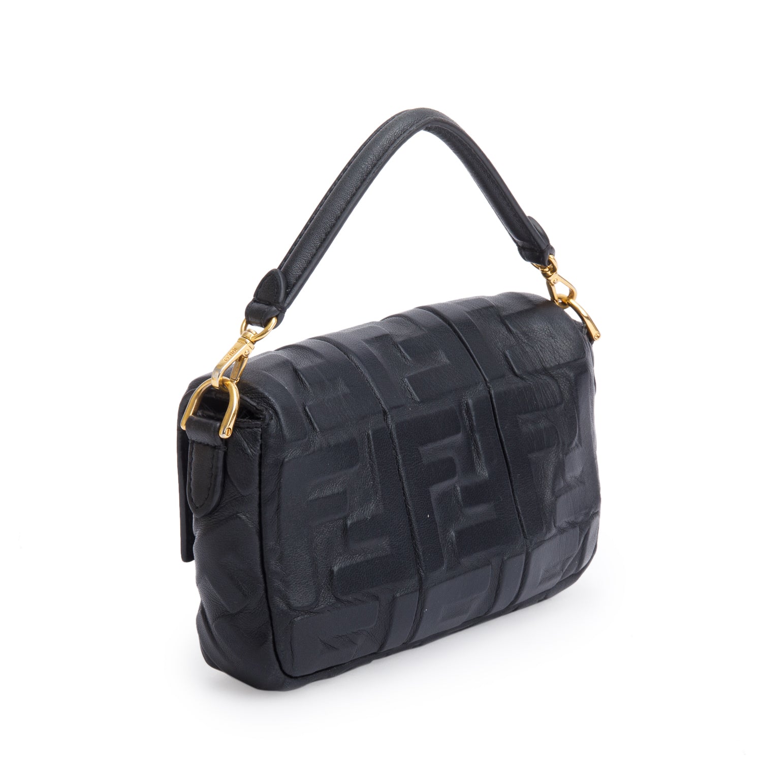 Fendi Black FF Embossed Nappa Leather Mini Be Baguette Bag w/ Straps