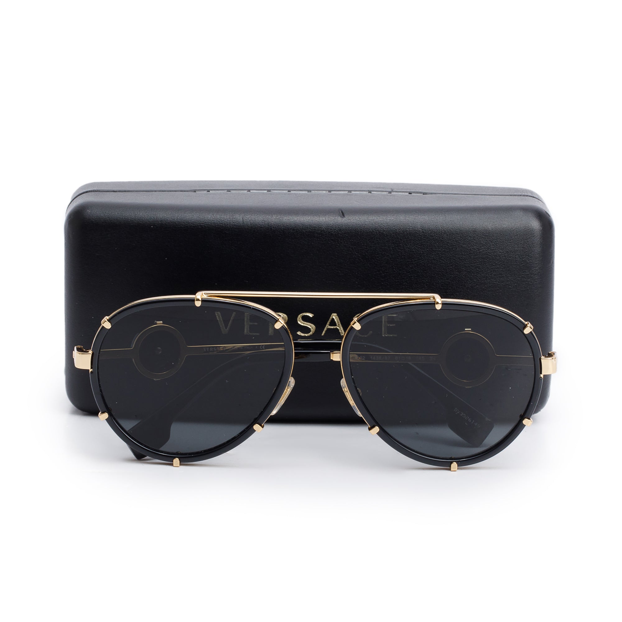 Versace 2232 Gold-Tone Metal Black Acetate Icon Medusa Aviator Sunglasses w/ Case
