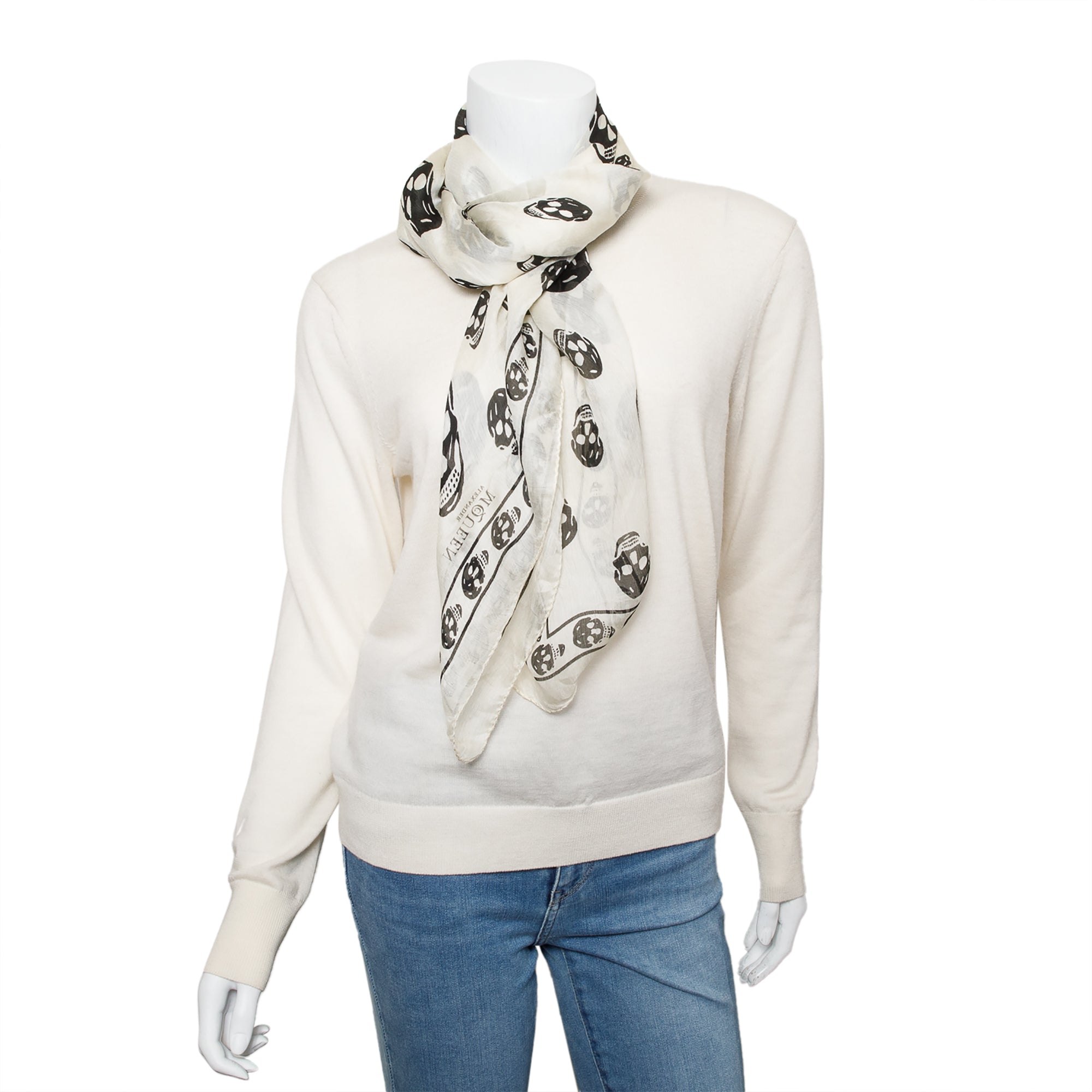 Alexander McQueen White/Black Skull Printed Silk Scarf