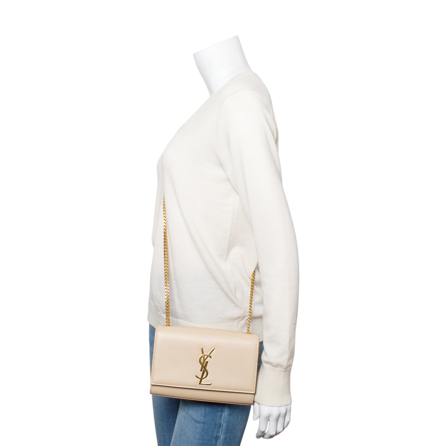 Saint Laurent Nude Grain De Poudre Leather Small Monogram Kate Bag w/ Box & Receipt