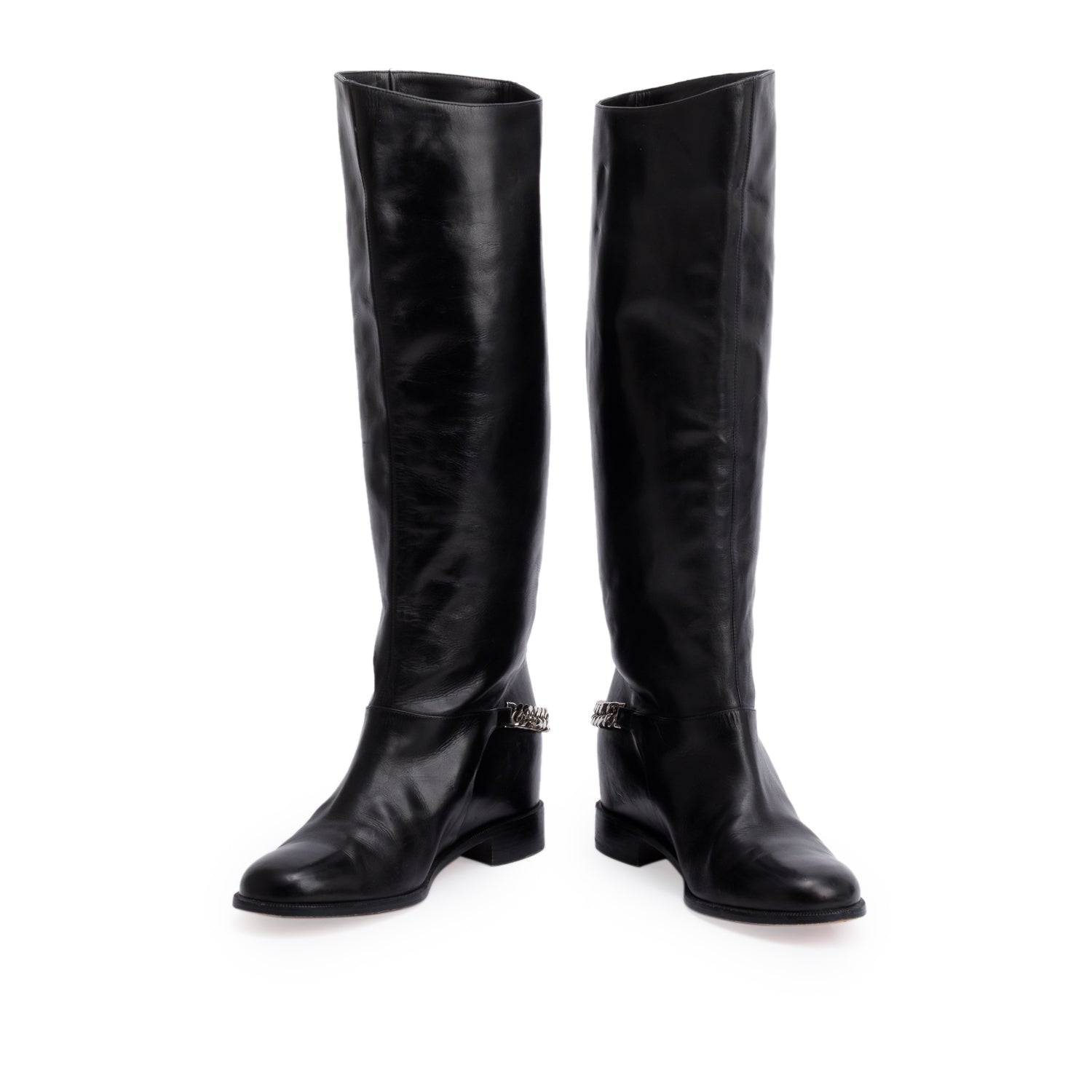 Christian Louboutin Black Calfskin Leather Cate Chain Knee High Boots, Size 38.5