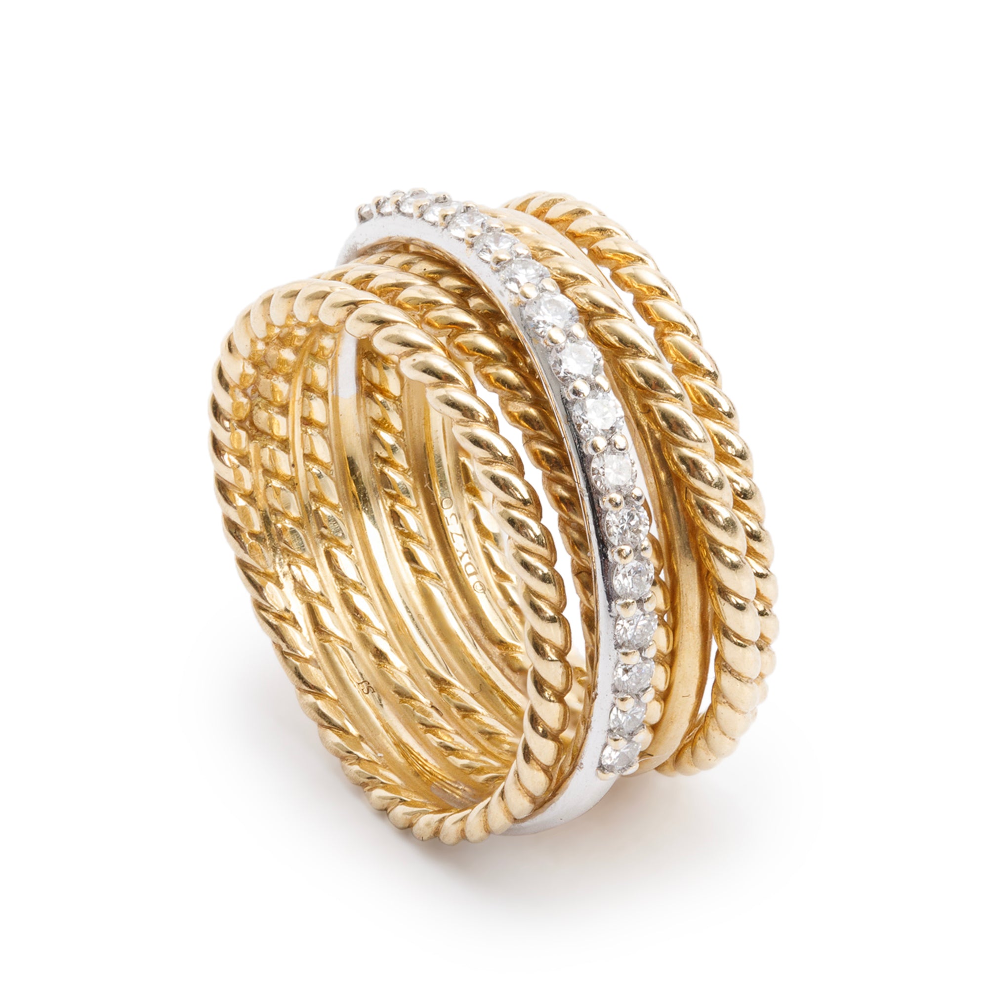 David Yurman 18k Yellow Gold Diamond Crossover Ring, Size 5.5