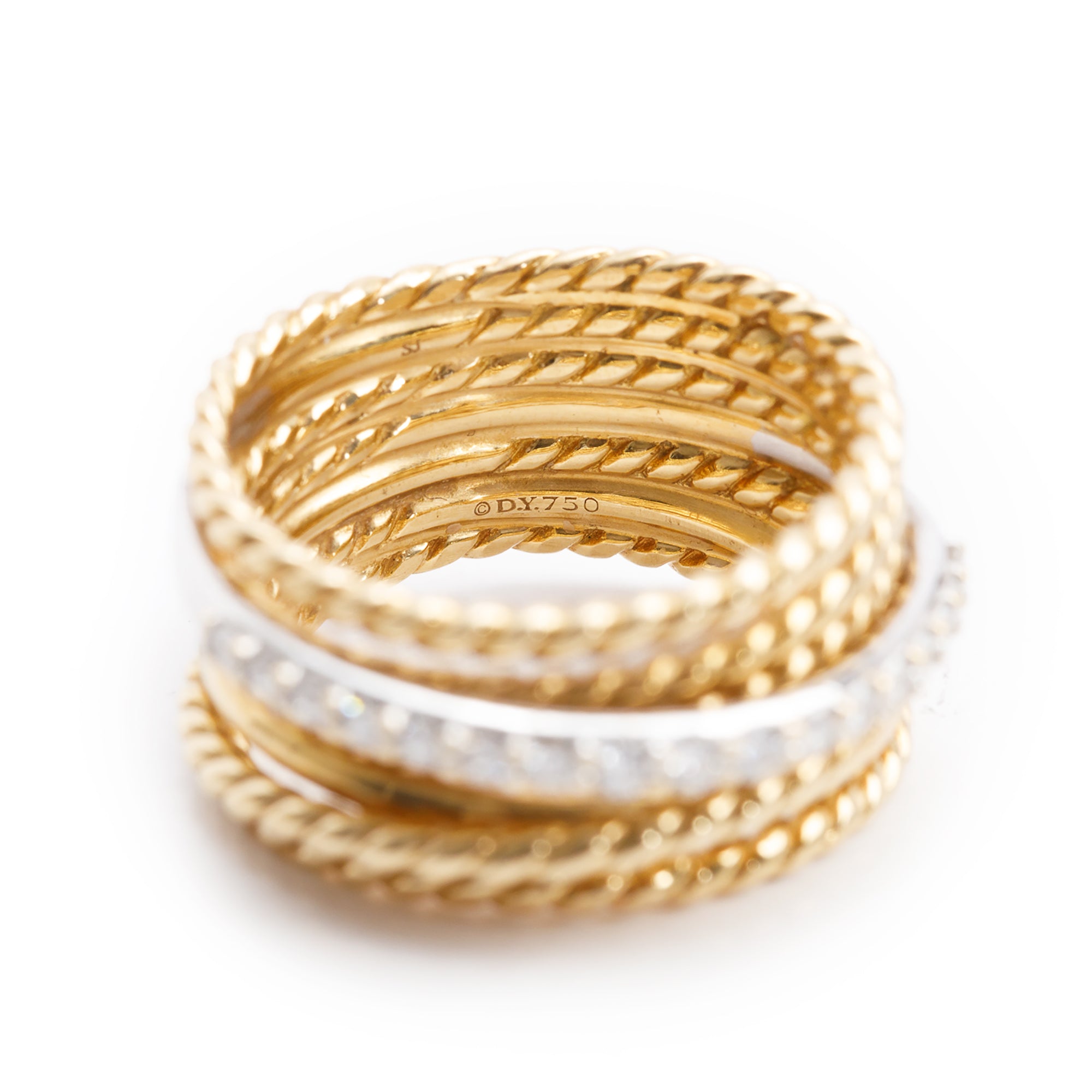 David Yurman 18k Yellow Gold Diamond Crossover Ring, Size 5.5