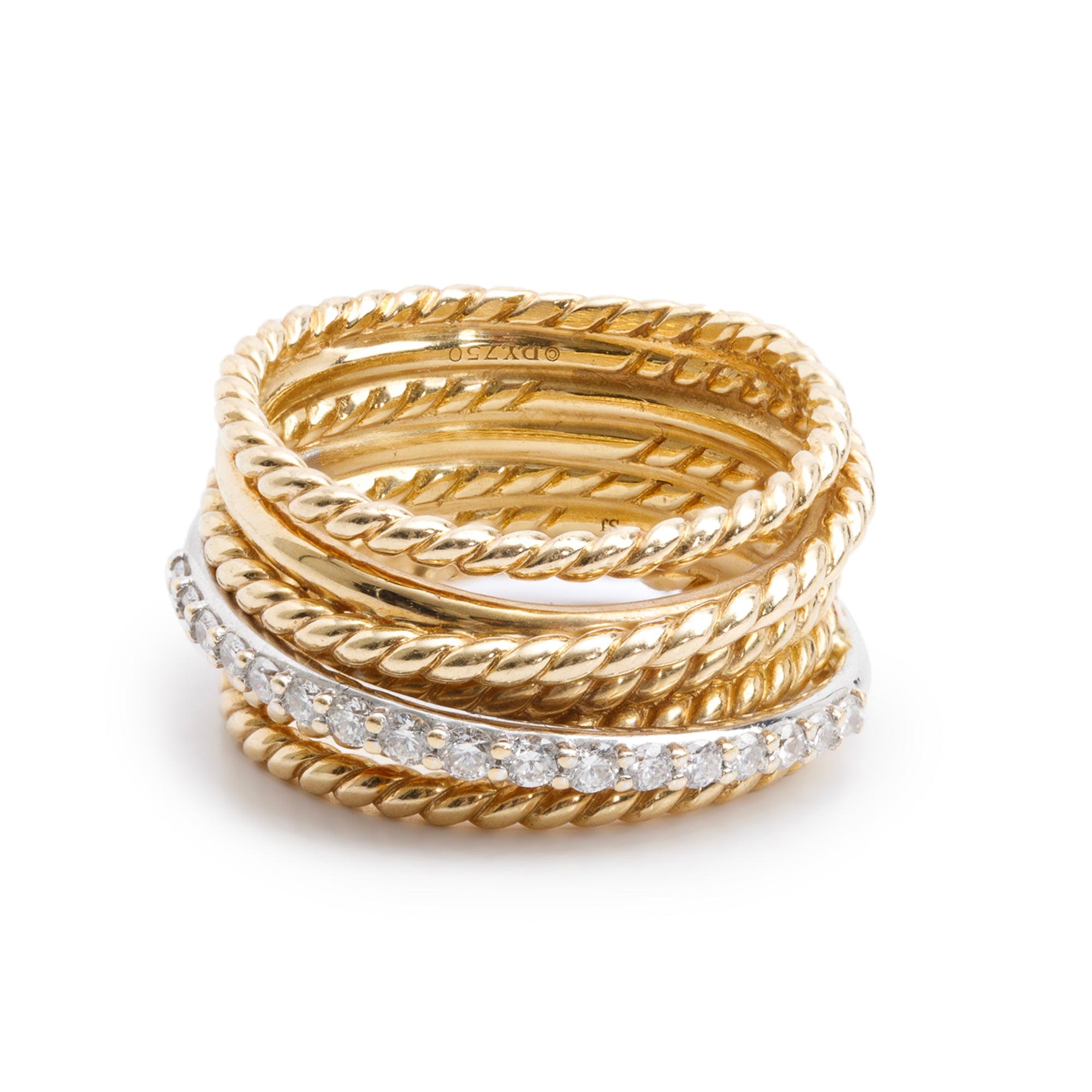 David Yurman 18k Yellow Gold Diamond Crossover Ring, Size 5.5