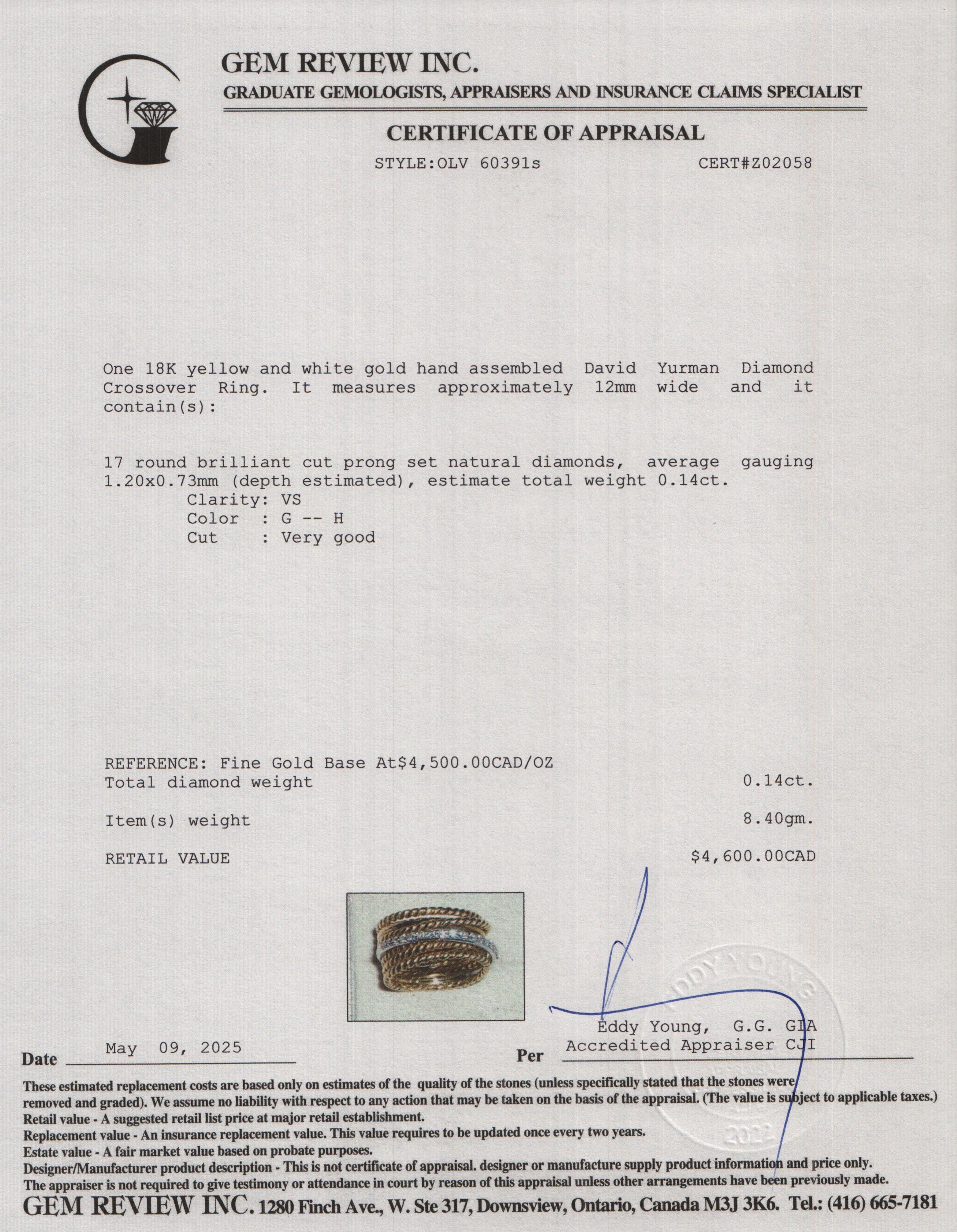 David Yurman 18k Yellow Gold Diamond Crossover Ring, Size 5.5