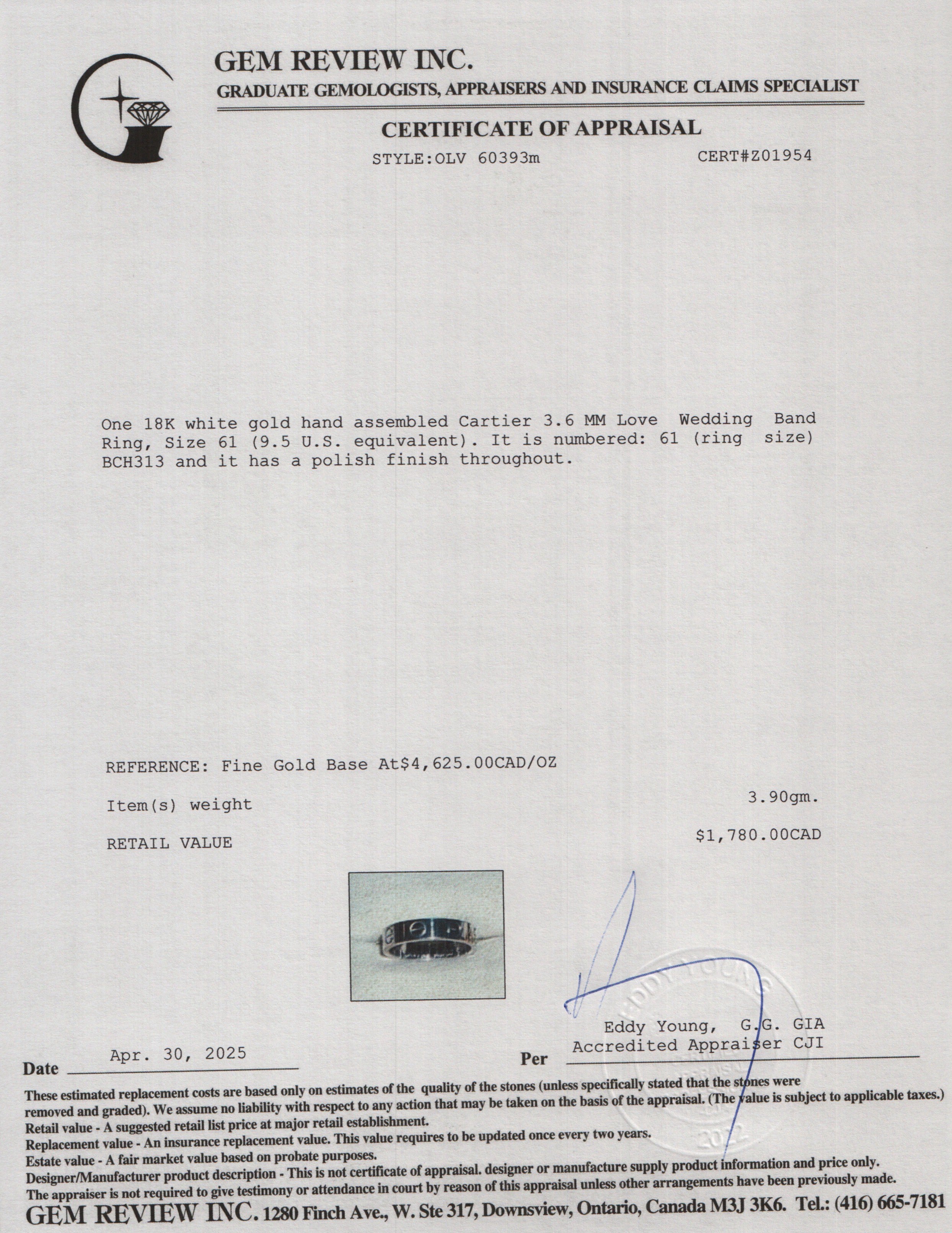 Cartier 18k White Gold 3.6 MM Love Wedding Band Ring, Size 61 9.5 w/ Receipt