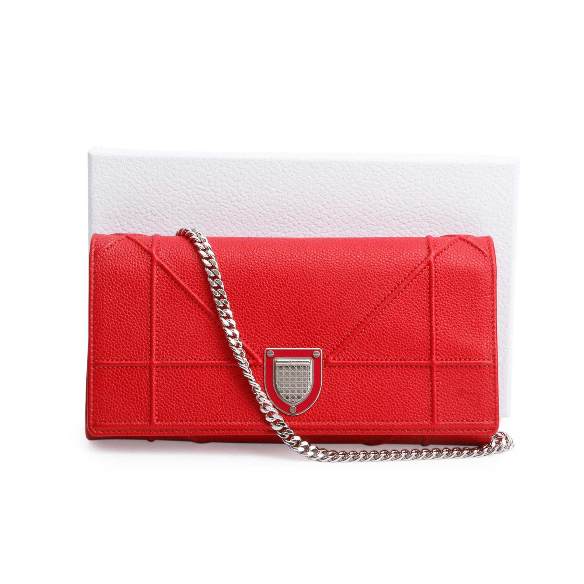 Christian Dior Red Grained Calfskin Leather Diorama Croisiere Wallet on Chain w/ Box