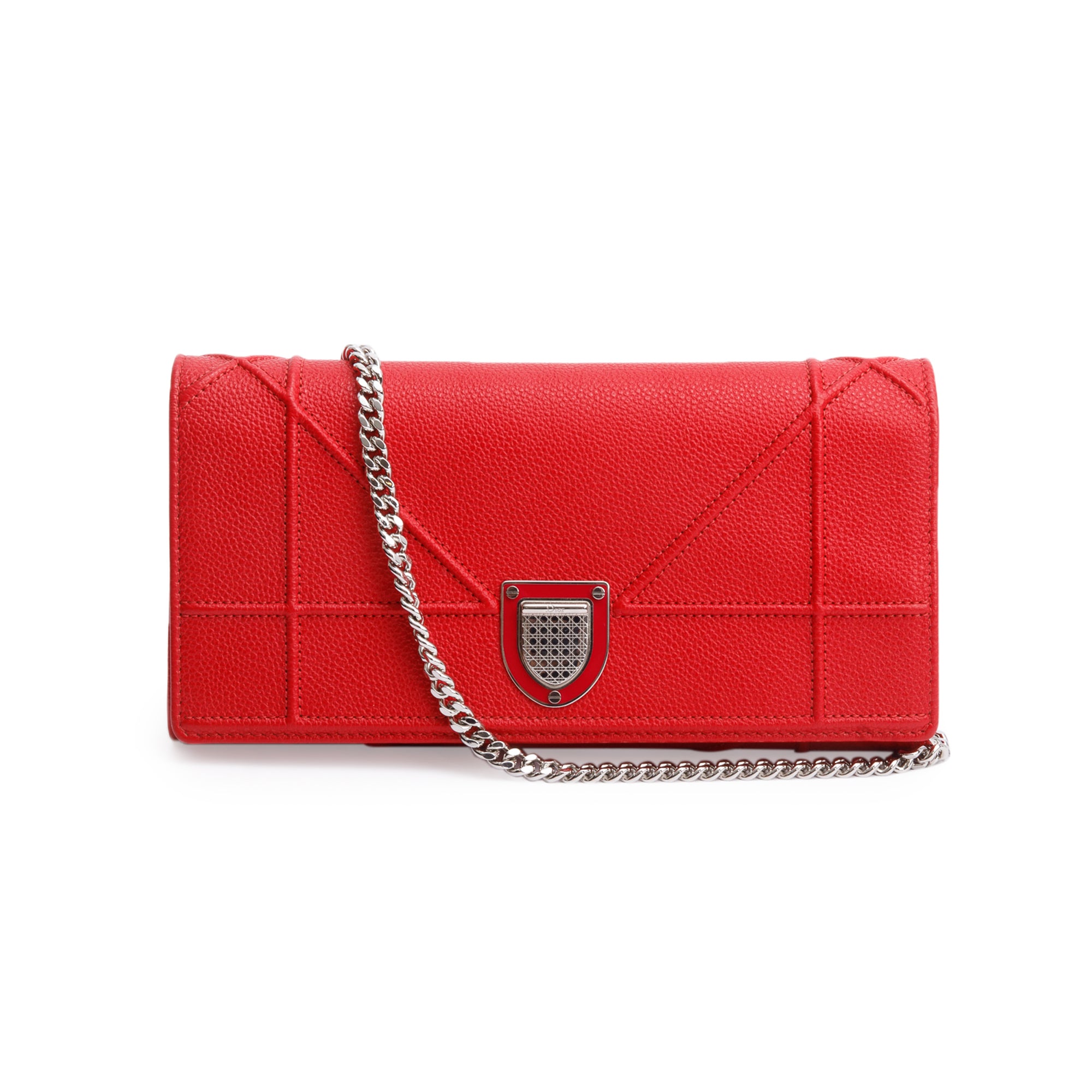 Christian Dior Red Grained Calfskin Leather Diorama Croisiere Wallet on Chain w/ Box