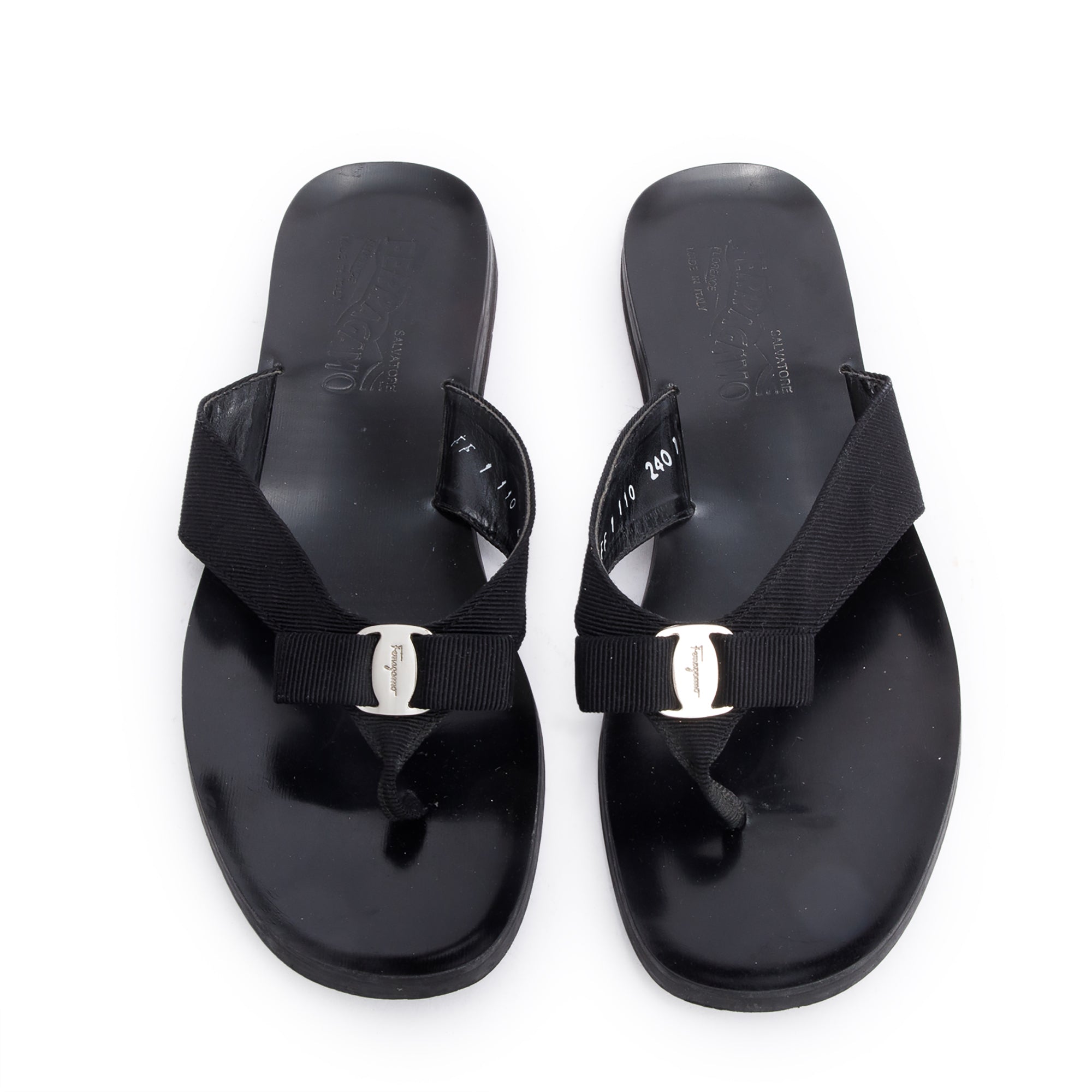 Salvatore Ferragamo Black Leather Canvas Bow Flip Flops, Size 37