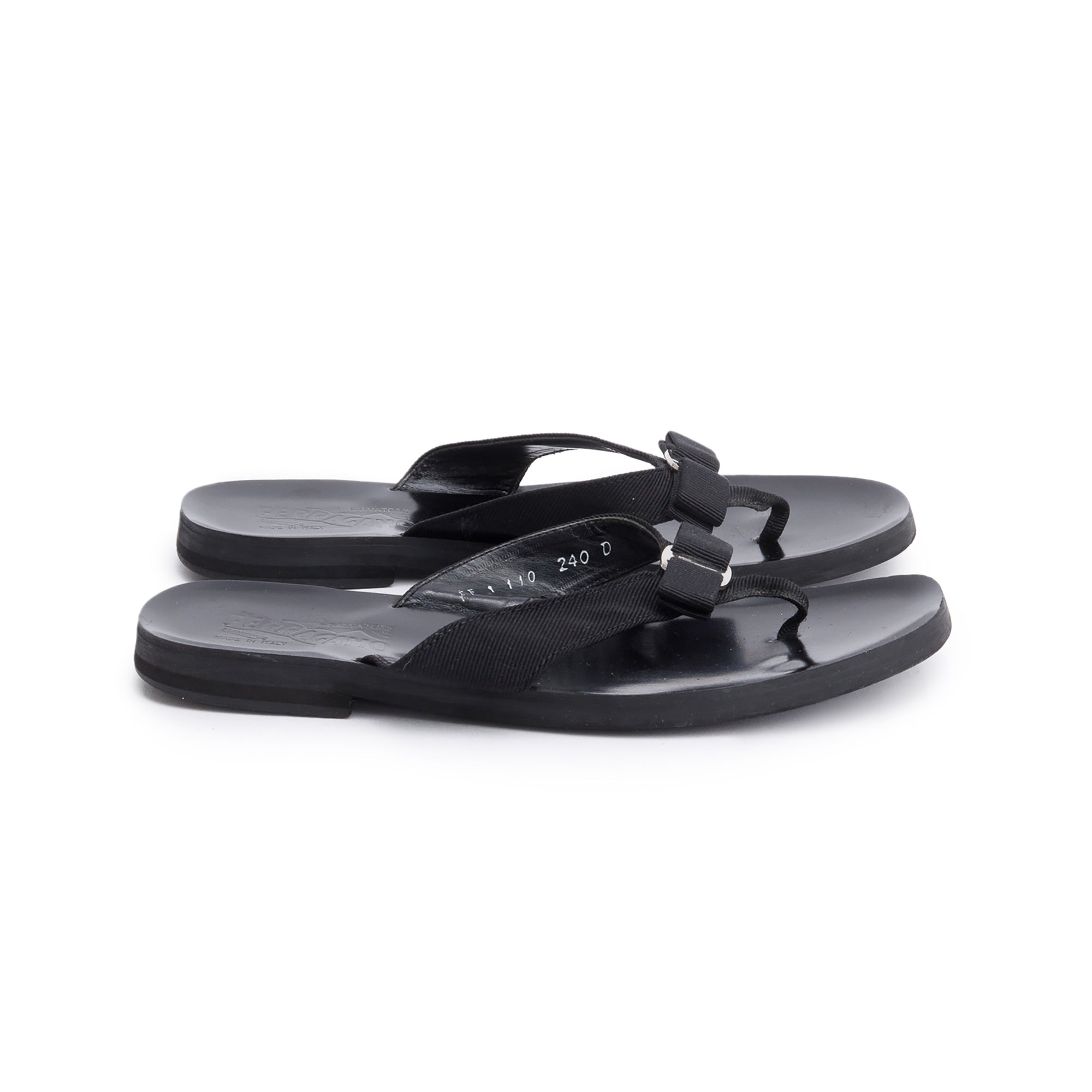 Salvatore Ferragamo Black Leather Canvas Bow Flip Flops, Size 37