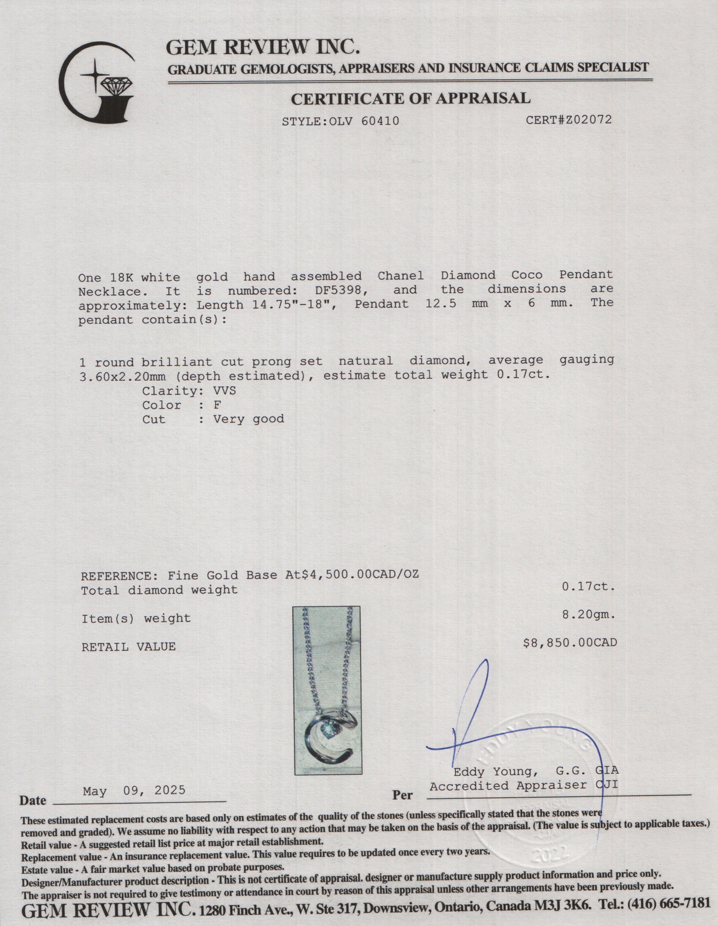 Chanel 18k White Gold Diamond Coco Pendant Necklace