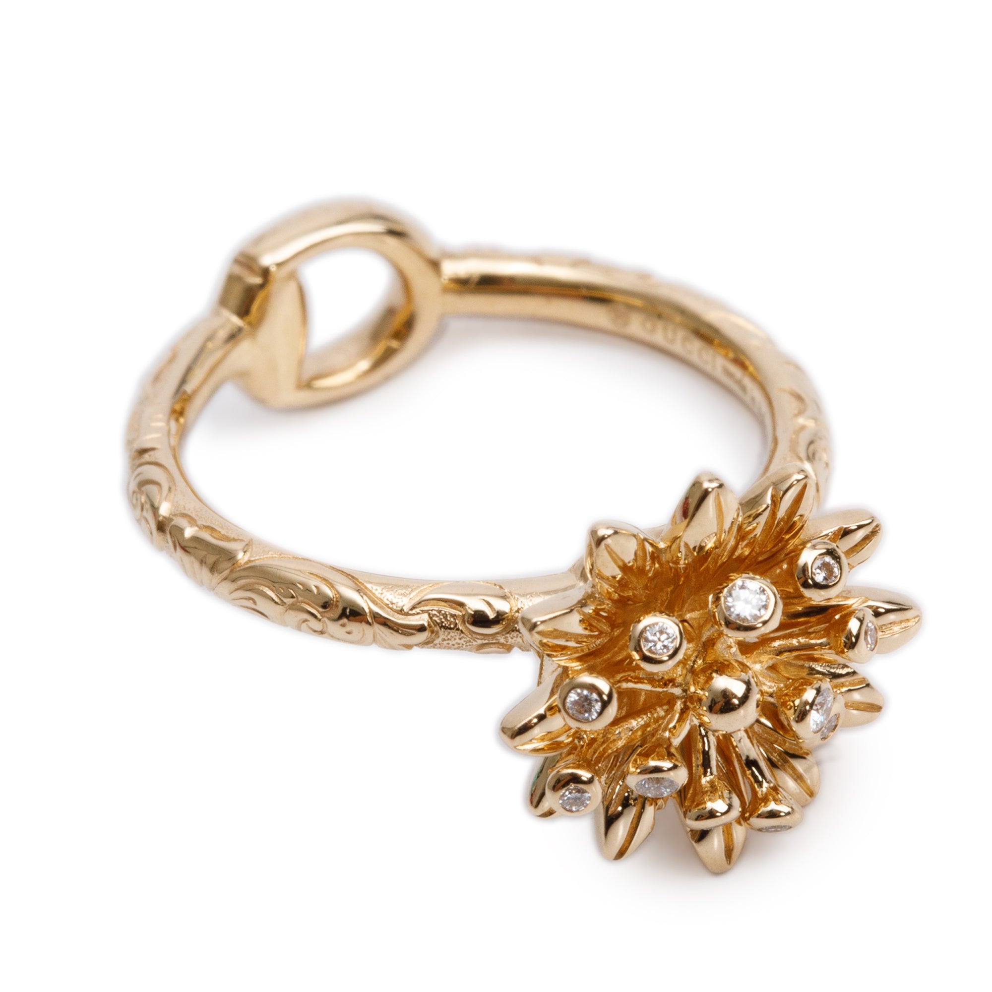Gucci 18k Yellow Gold Diamond Flora Horsebit Ring, Size 13 6.25 w/ Box