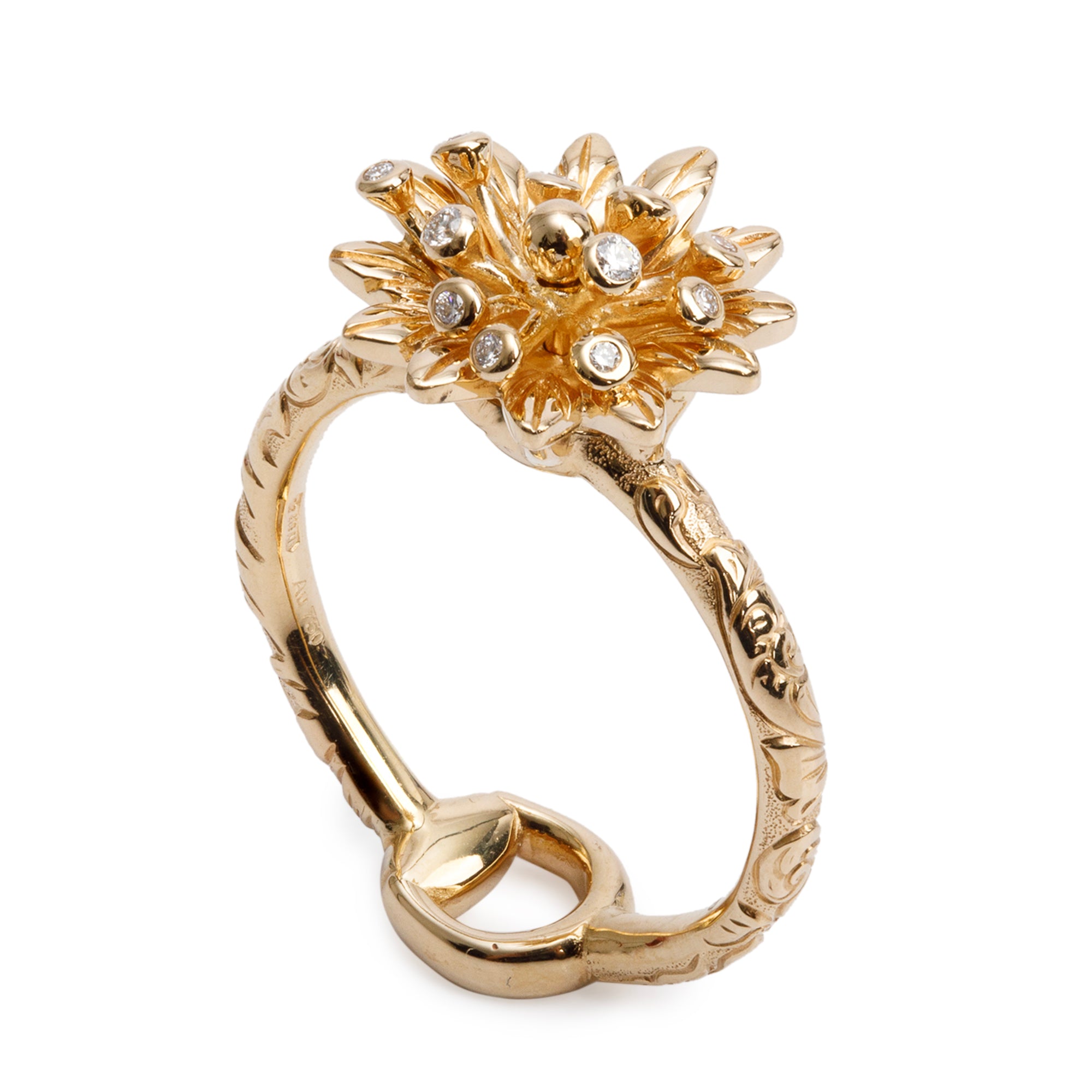 Gucci 18k Yellow Gold Diamond Flora Horsebit Ring, Size 13 6.25 w/ Box