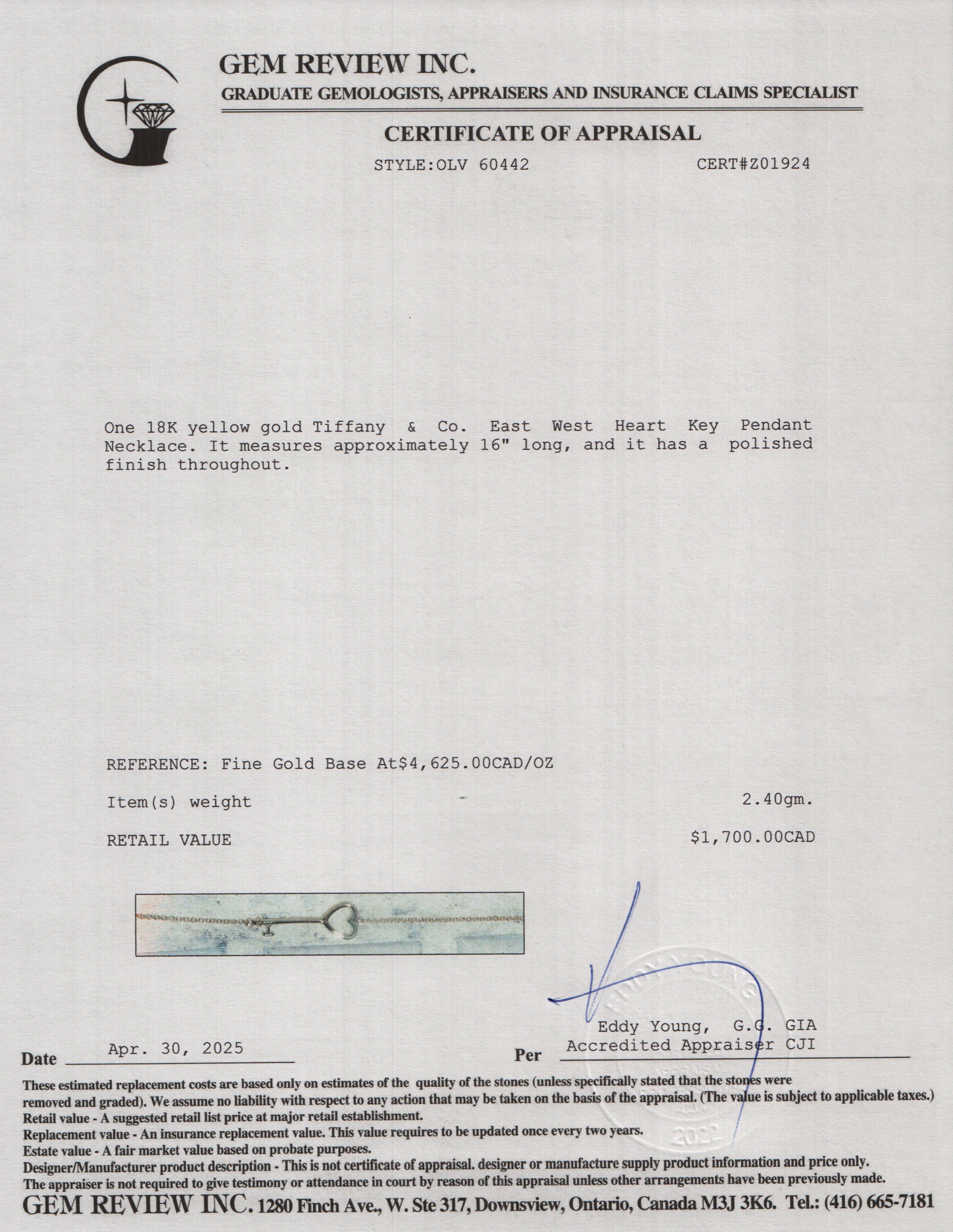 Tiffany & Co. 18k Yellow Gold East West Heart Key Pendant Necklace w/ Box