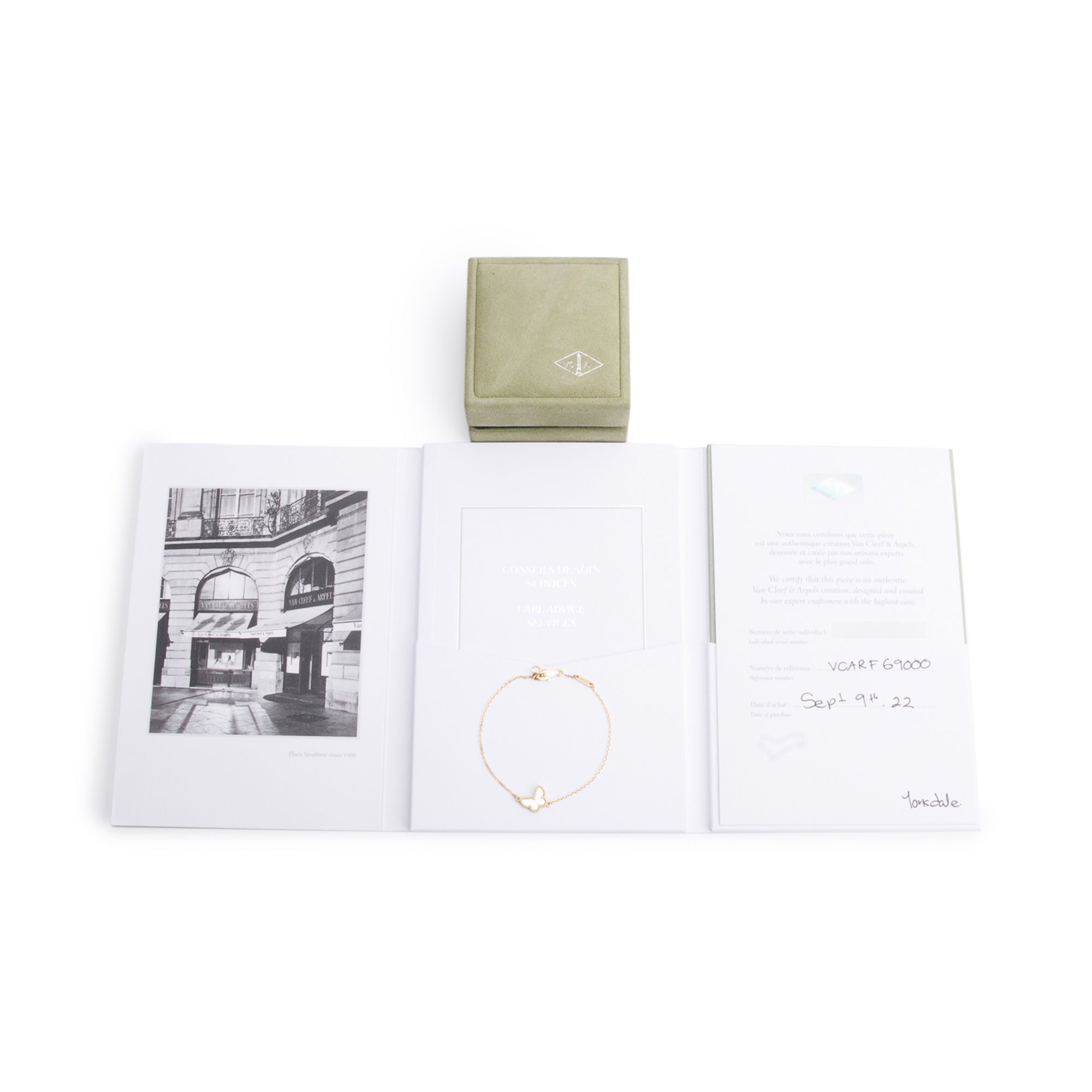 Van Cleef & Arpels 18k Yellow Gold Mother of Pearl Sweet Butterflies Bracelet w/ Box, Receipt & Certificate