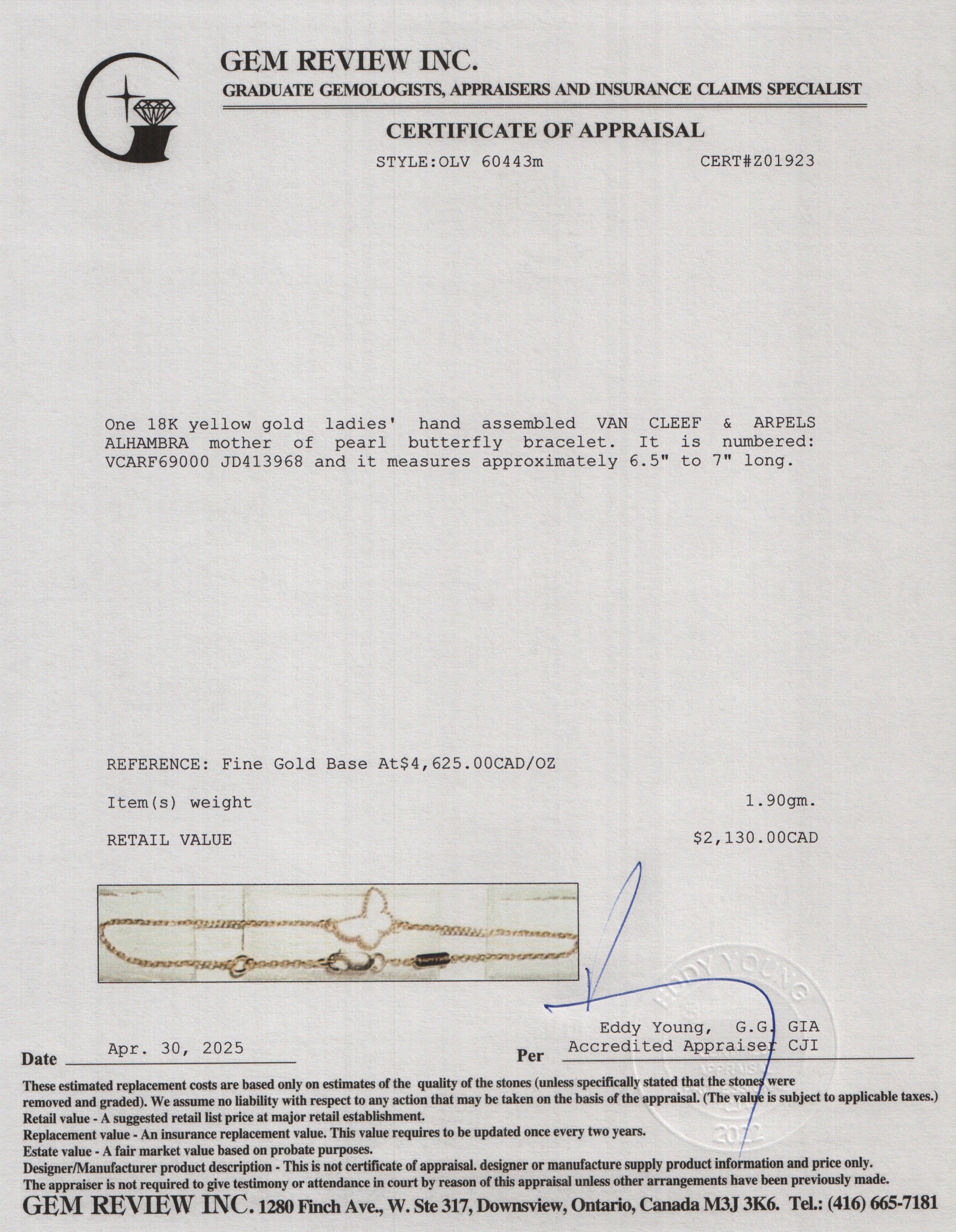 Van Cleef & Arpels 18k Yellow Gold Mother of Pearl Sweet Butterflies Bracelet w/ Box, Receipt & Certificate