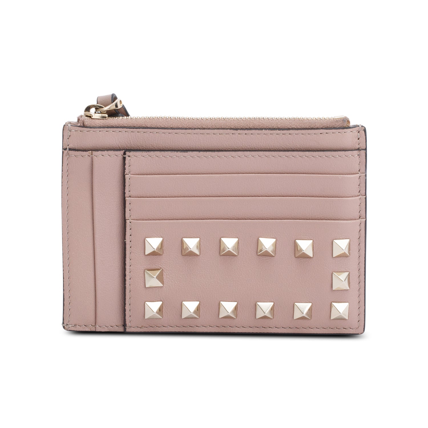 Valentino Beige Calfskin Leather Rockstud Zipped Card Holder Wallet