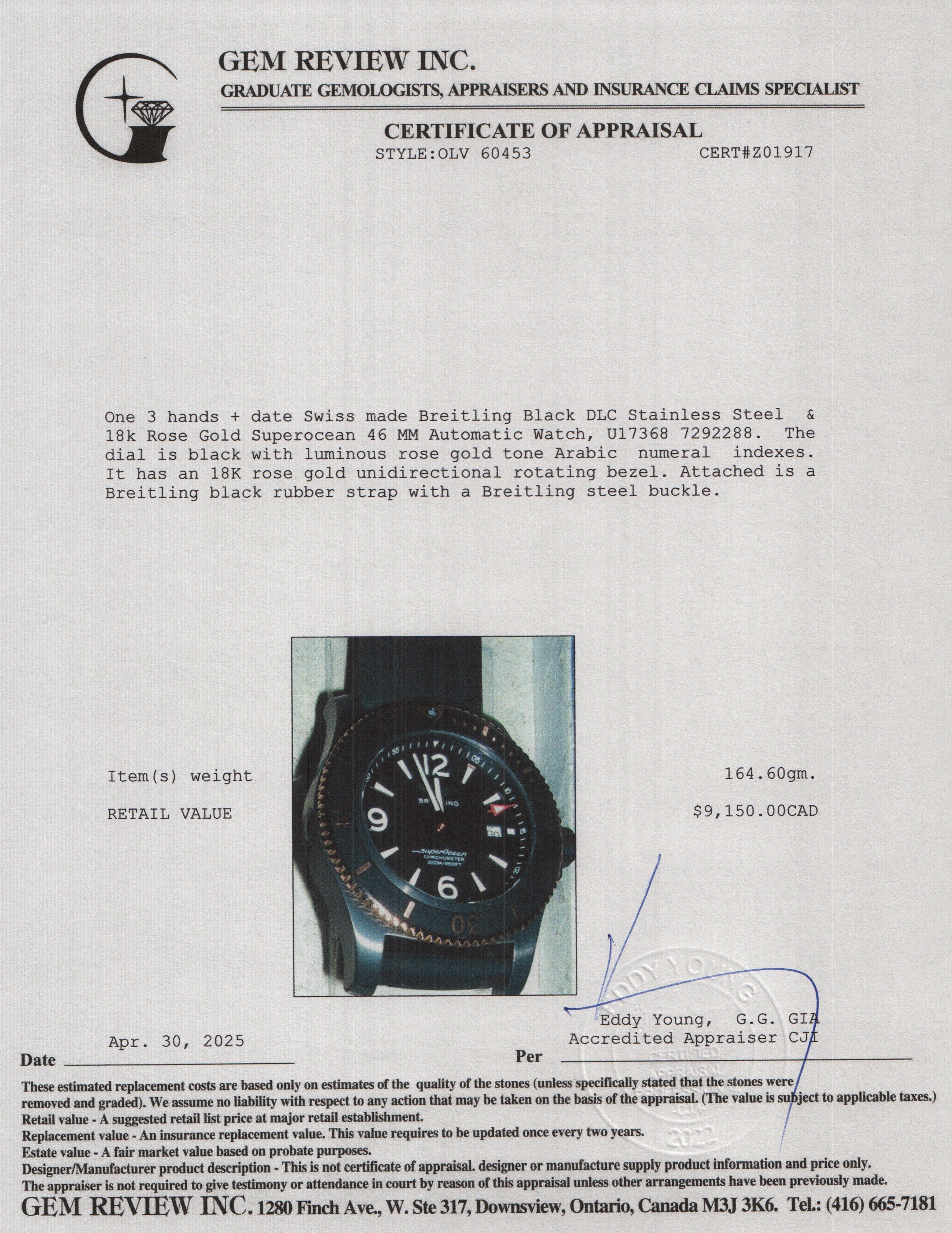 Breitling Black DLC Stainless Steel & 18k Rose Gold Superocean 46 MM Automatic Watch Black Dial U17368 w/ Box & Papers