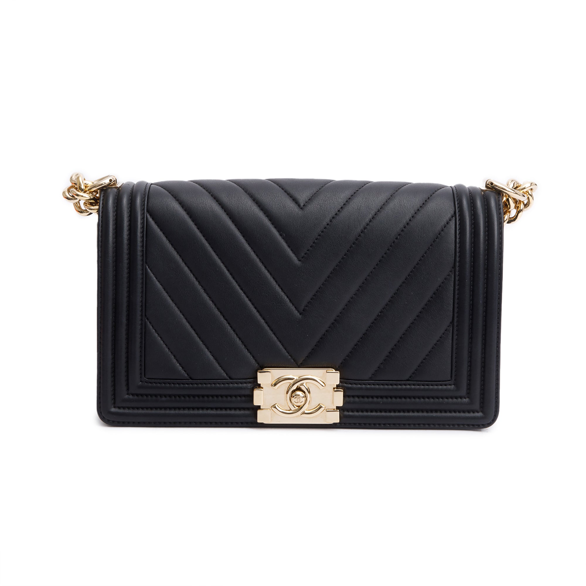 Chanel Black Chevron Quilted Lambskin Leather Medium Boy Bag w/ Authenticity Card