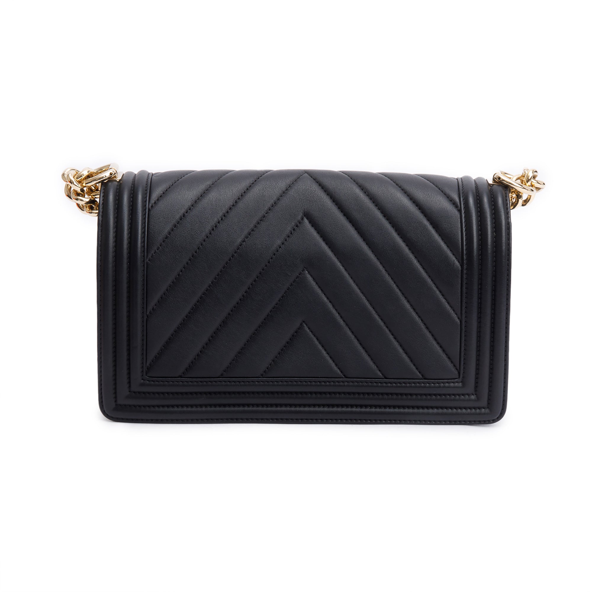 Chanel Black Chevron Quilted Lambskin Leather Medium Boy Bag w/ Authenticity Card