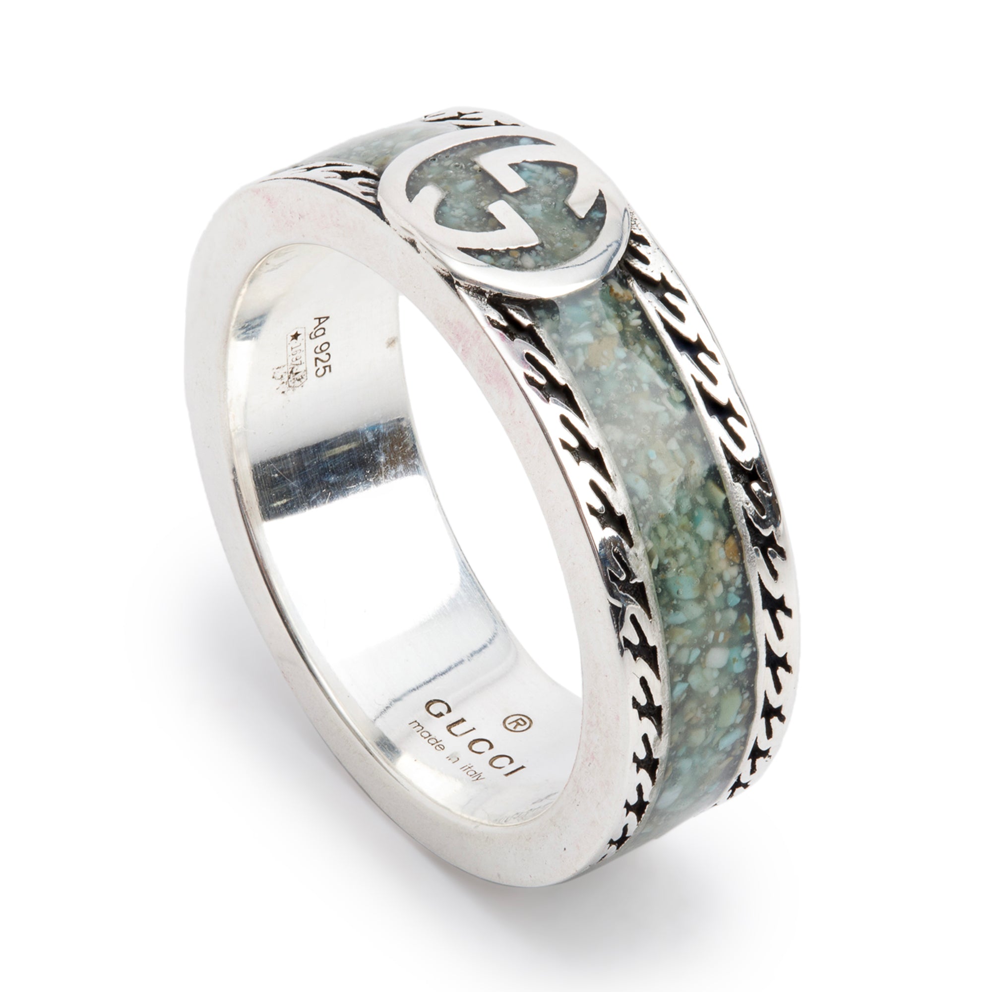 Gucci Sterling Silver Enamel Interlocking G Ring, Size 12 6