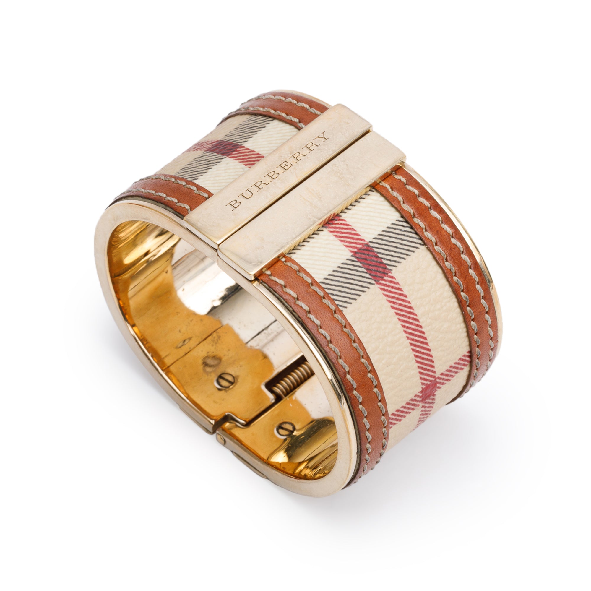Burberry Gold-Tone Metal Check Leather Hinged Wide Bangle Bracelet