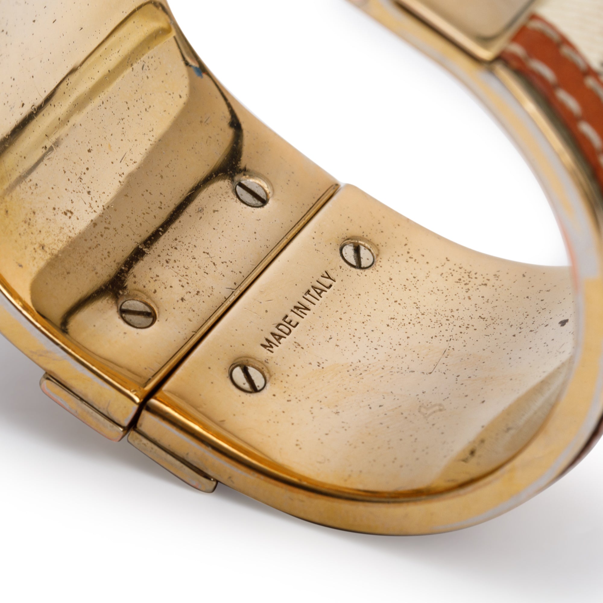 Burberry Gold-Tone Metal Check Leather Hinged Wide Bangle Bracelet