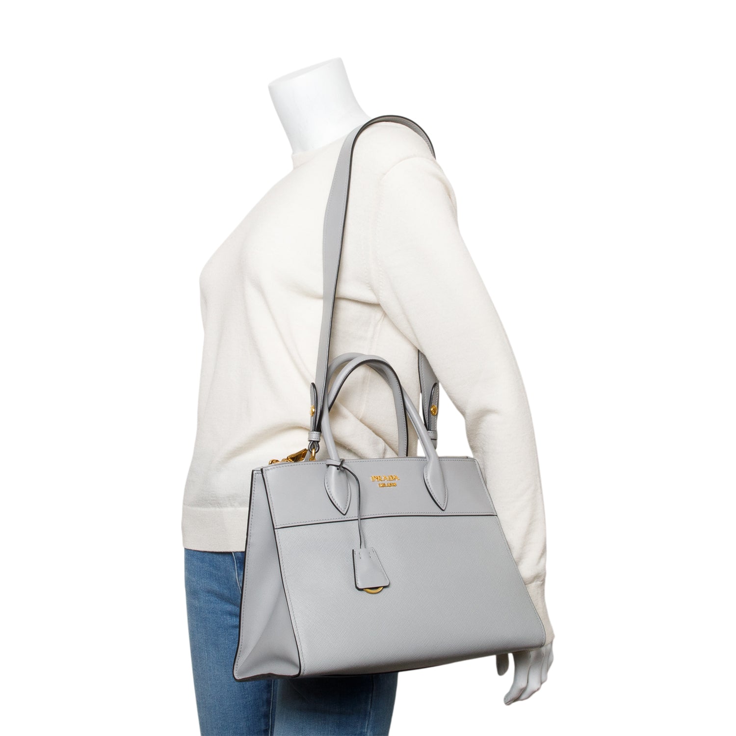 Prada Grey Saffiano & City Calf Leather Small Paradigme Tote w/ Strap