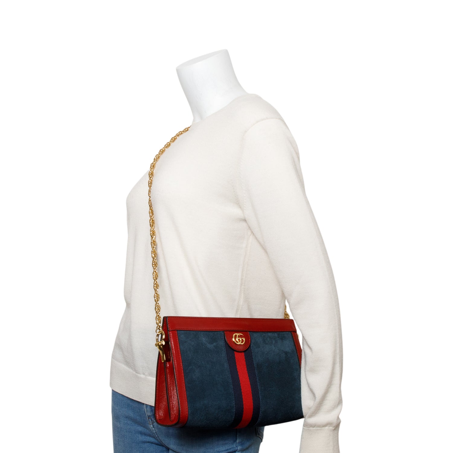 Gucci Blue Suede Red Patent Leather Web Ophidia Medium Chain Shoulder Bag