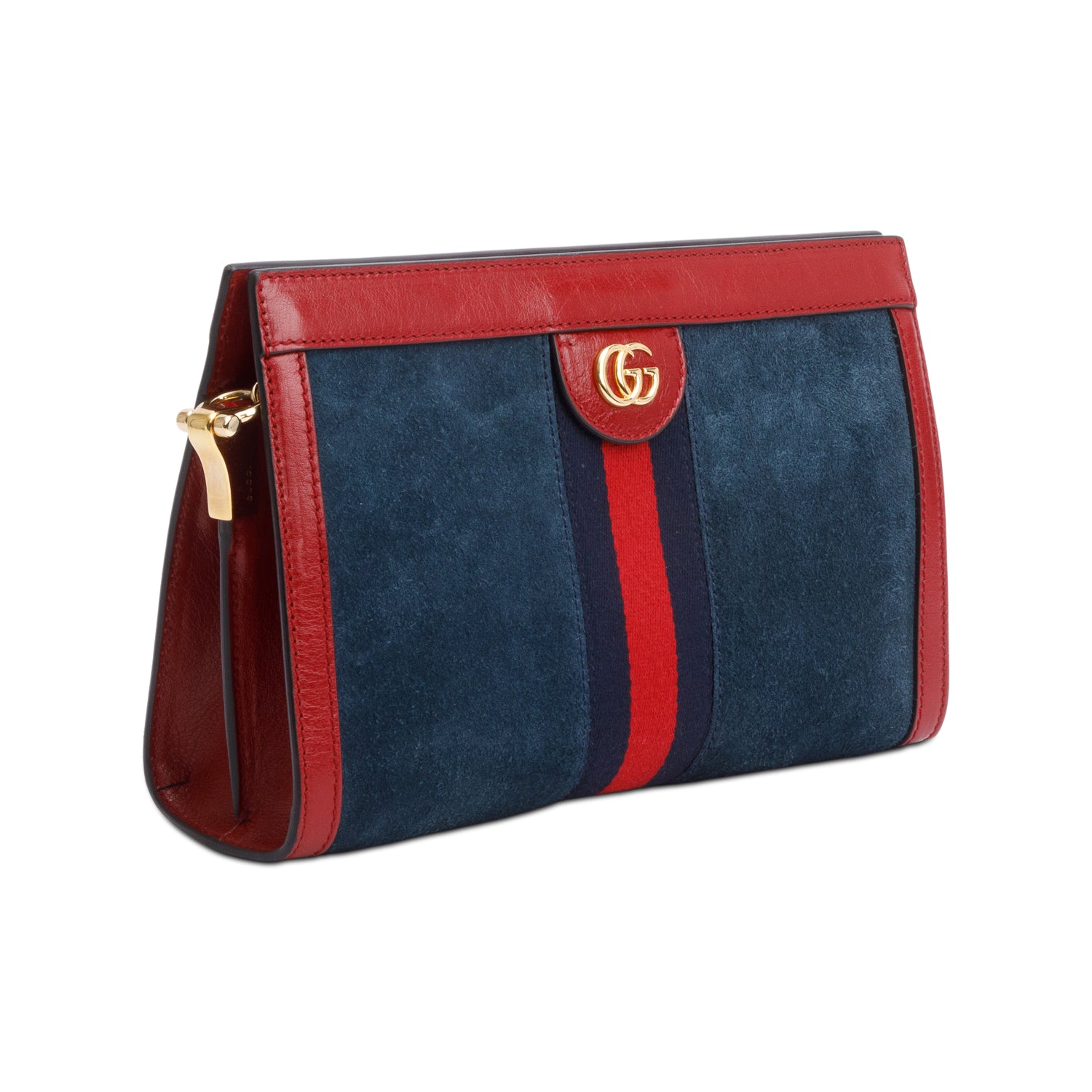 Gucci Blue Suede Red Patent Leather Web Ophidia Medium Chain Shoulder Bag