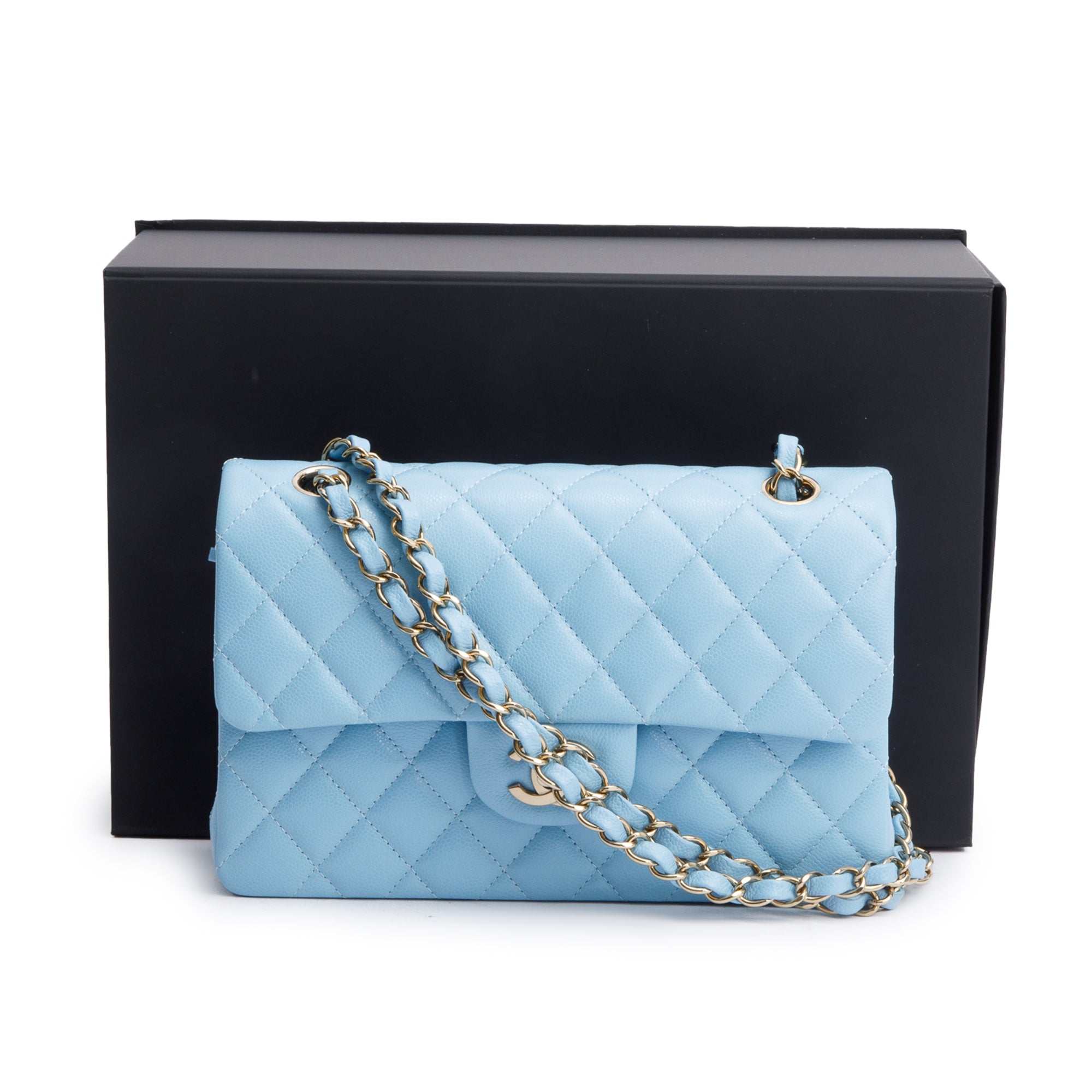 Chanel Light Blue Quilted Caviar Leather Classic Medium Double Flap Bag w/ Box