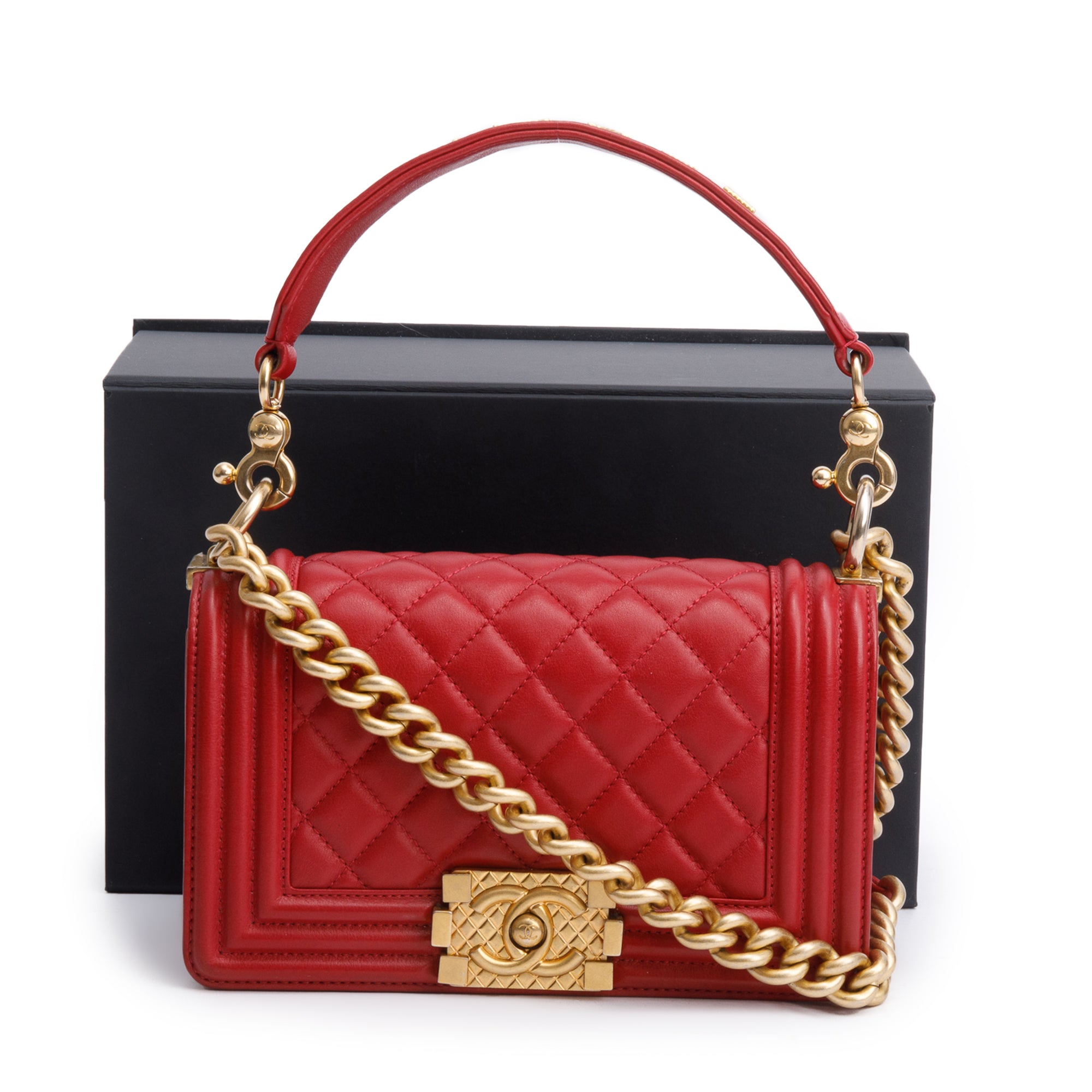 Chanel 2020 Red Quilted Lambskin Leather Small Logo Top Handle Boy Bag w/ Box, Receipt & Authenticity Card