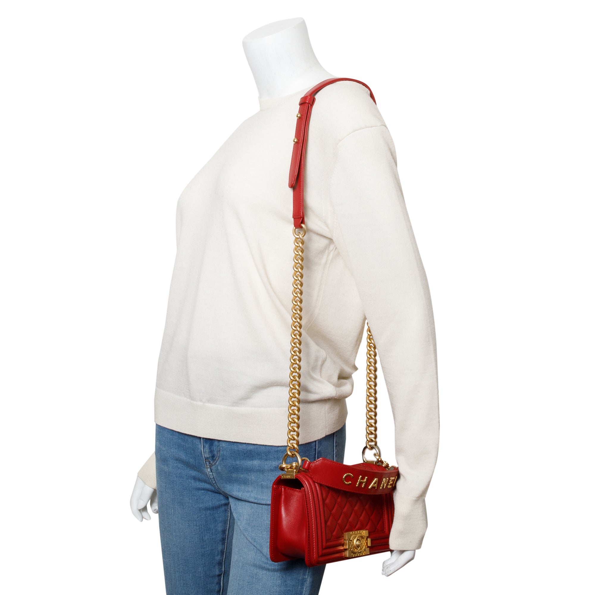 Chanel 2020 Red Quilted Lambskin Leather Small Logo Top Handle Boy Bag w/ Box, Receipt & Authenticity Card