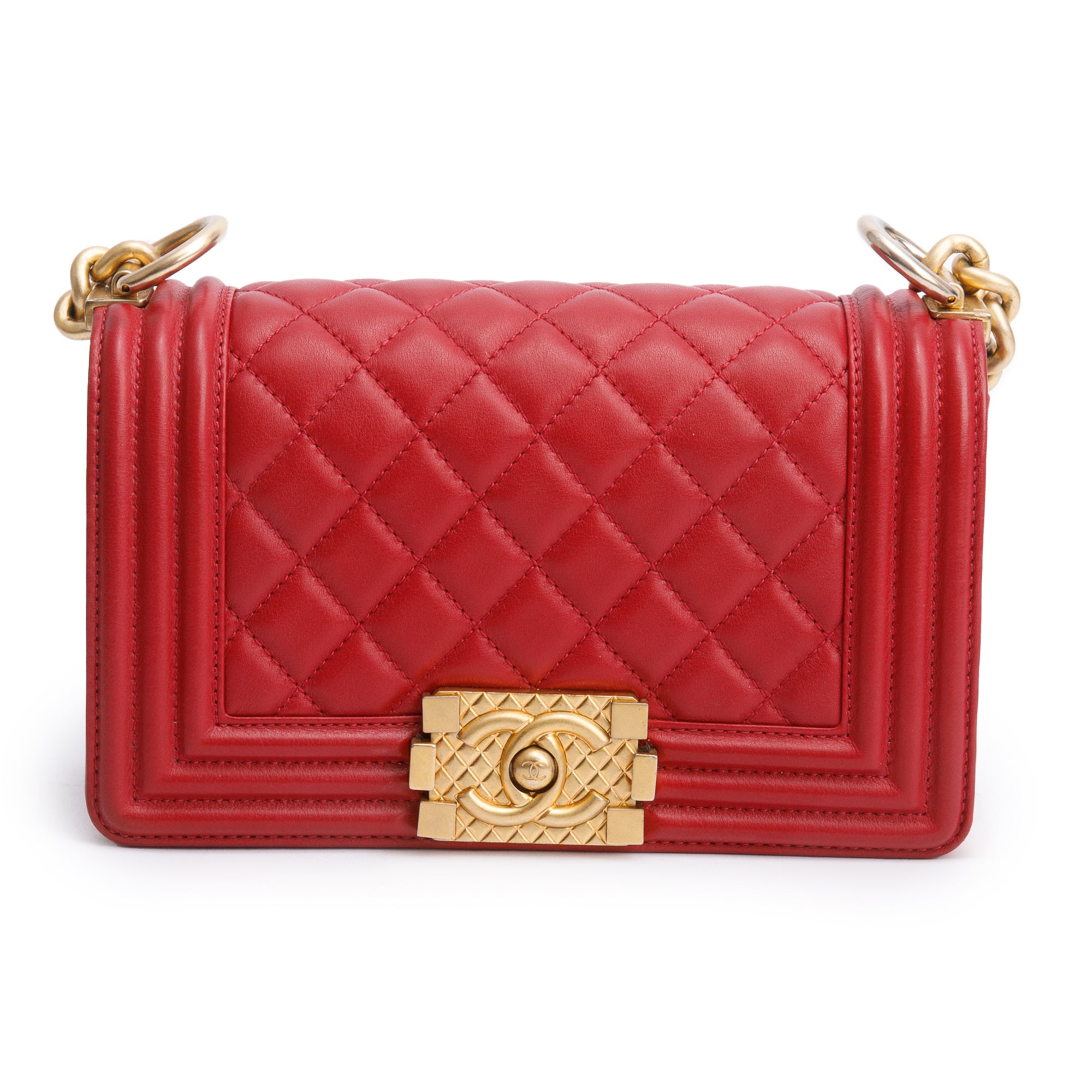 Chanel 2020 Red Quilted Lambskin Leather Small Logo Top Handle Boy Bag w/ Box, Receipt & Authenticity Card
